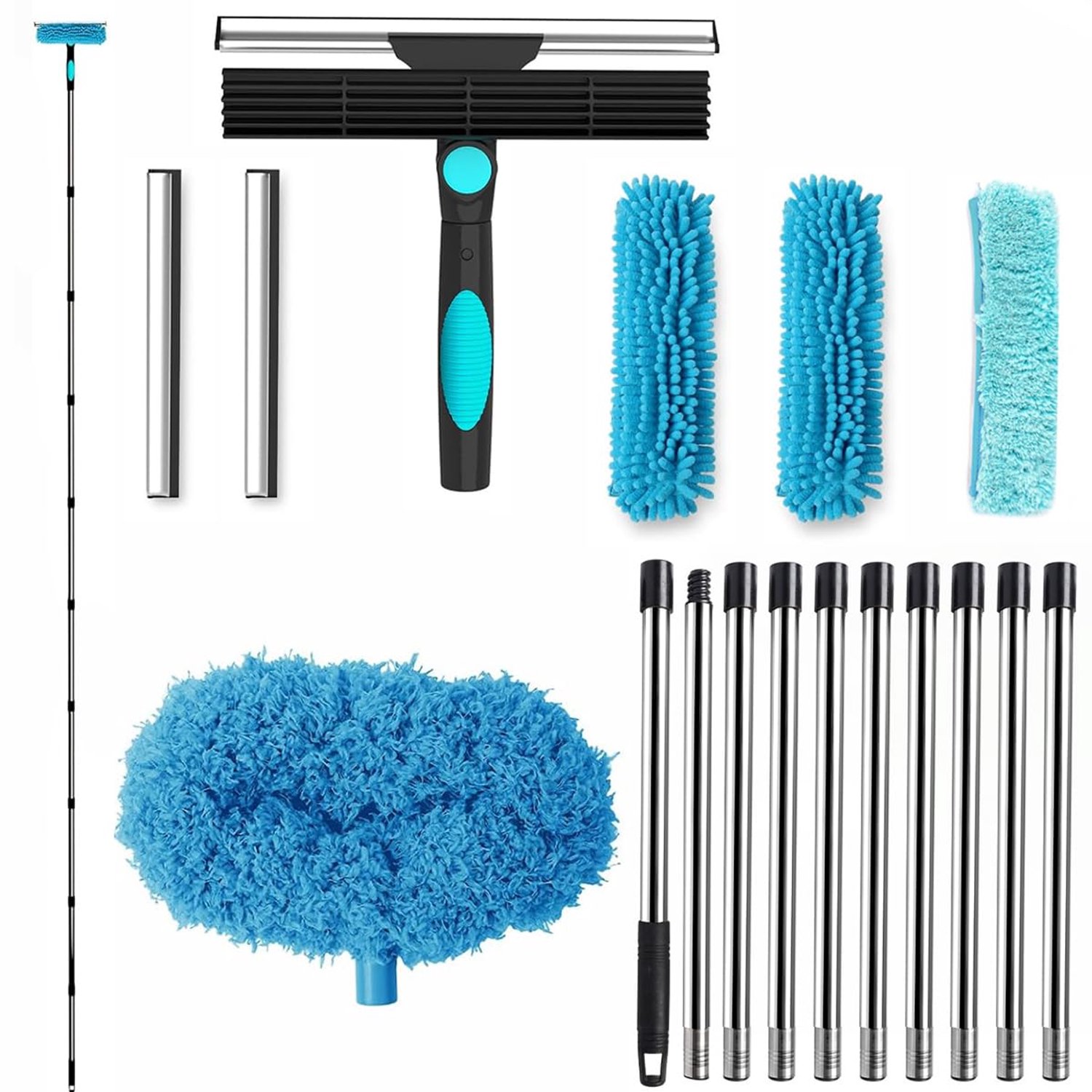 Famanu – 4 in 1 telescoop raamwisser set met extra lange raamreinigers, inclusief stofdoek en 3 microvezel borstels, 2 rubberen schrapers en 8 telescoopstangen voor hoge ramen binnen en buiten