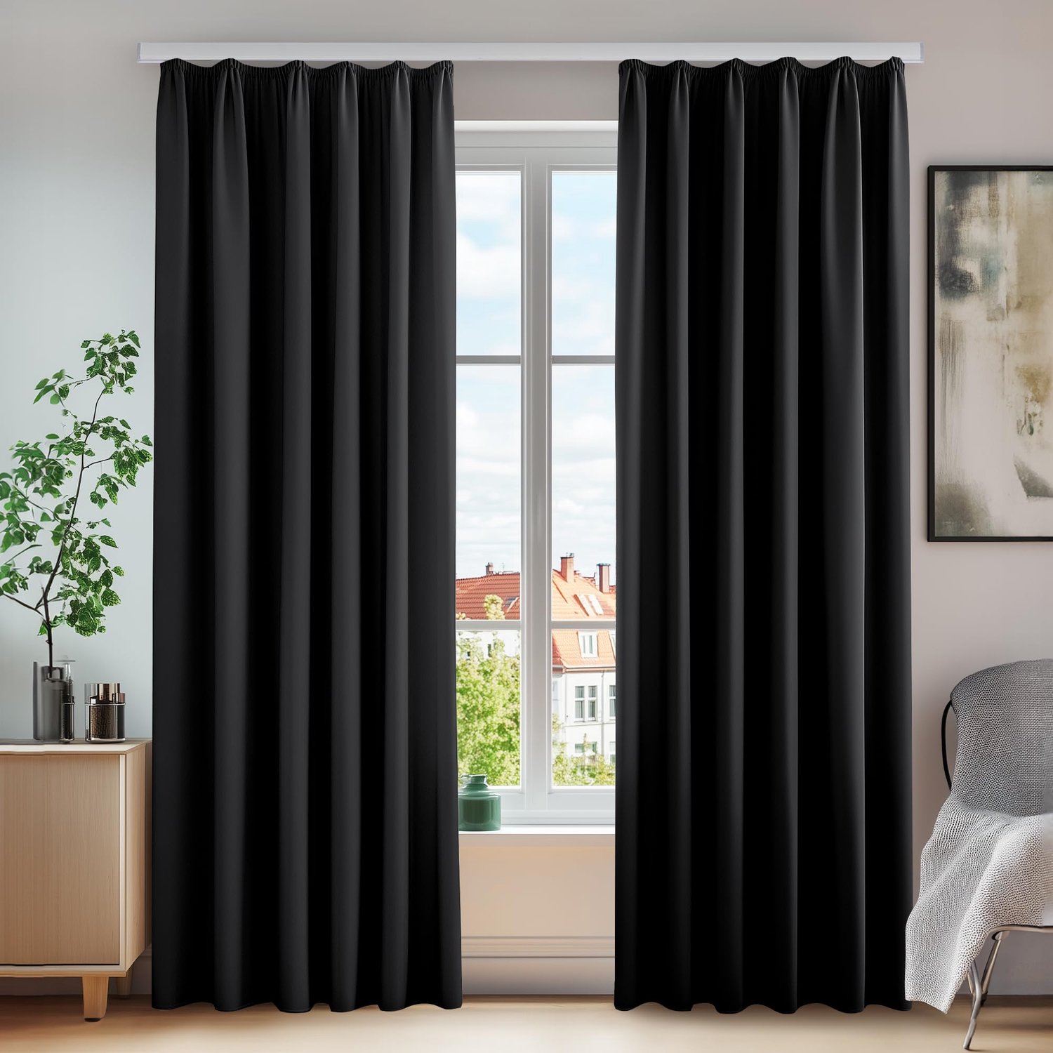 Famanu Set van 2 ondoorzichtige thermische gordijnen met plooiband, 260 x 140 cm (hoogte x breedte), zwart