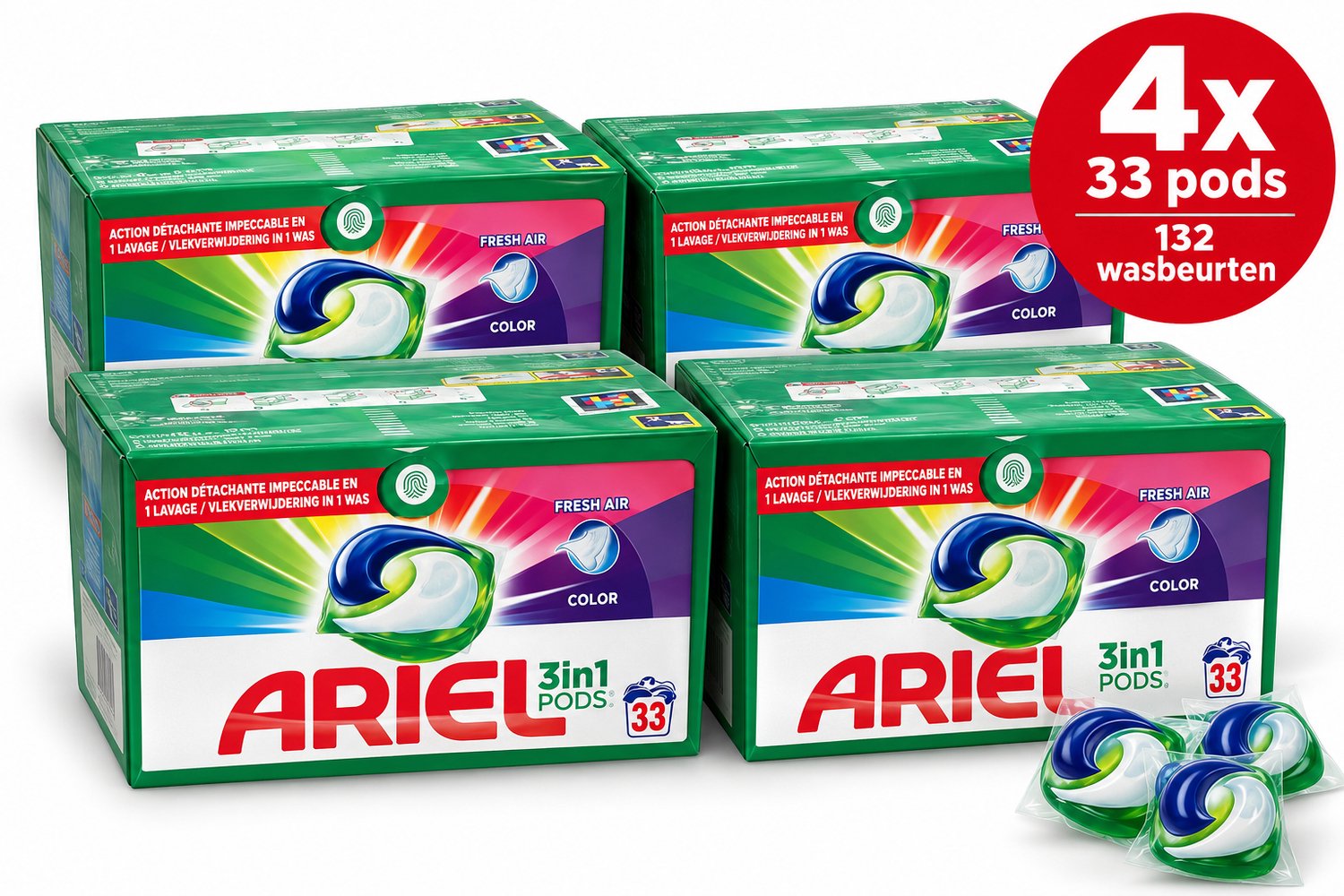 Ariel 3in1 Pods Fresh Air Color Wasmiddel – 33 Wasbeurten – 4 x 33 Pods – 132 Wasbeurten