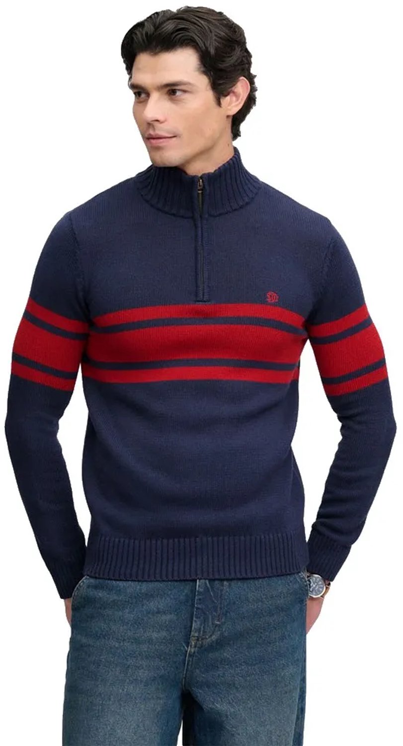 Superdry Cotton Stripe Half Zip Trui Slanke Pasvorm Heren Sweaters Marineblauw