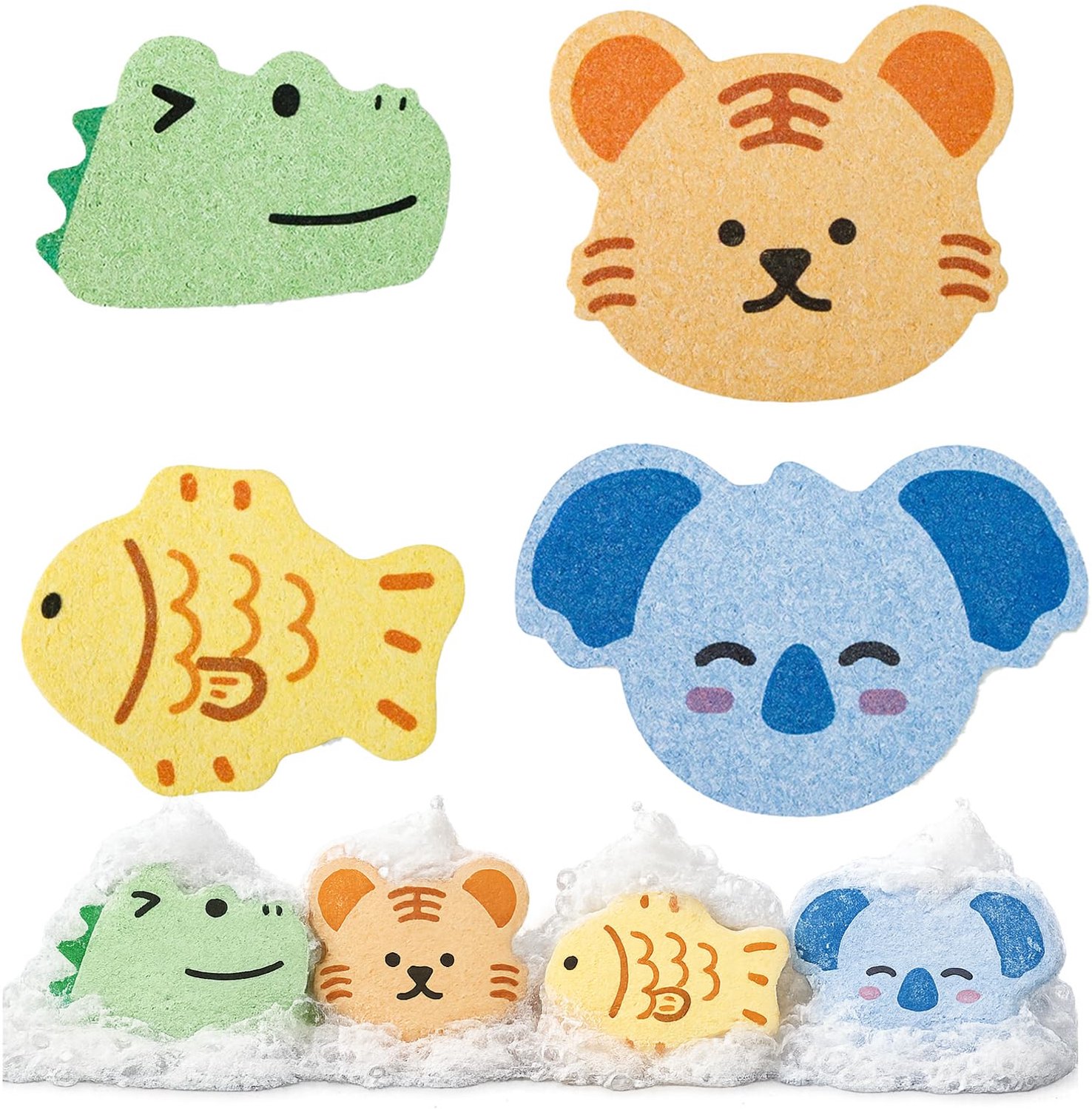 Natuurlijke badspons met dierenvorm, 4 stuks, zachte reinigingsspons voor bad en douche, schattige dierenset, zachte accessoires voor dagelijkse verzo