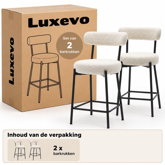 Doos van Luxevo met een afbeelding van de crème bouclé barkruk en twee daadwerkelijke barkrukken ernaast. De doos geeft aan 'Set van 2 barkrukken'.