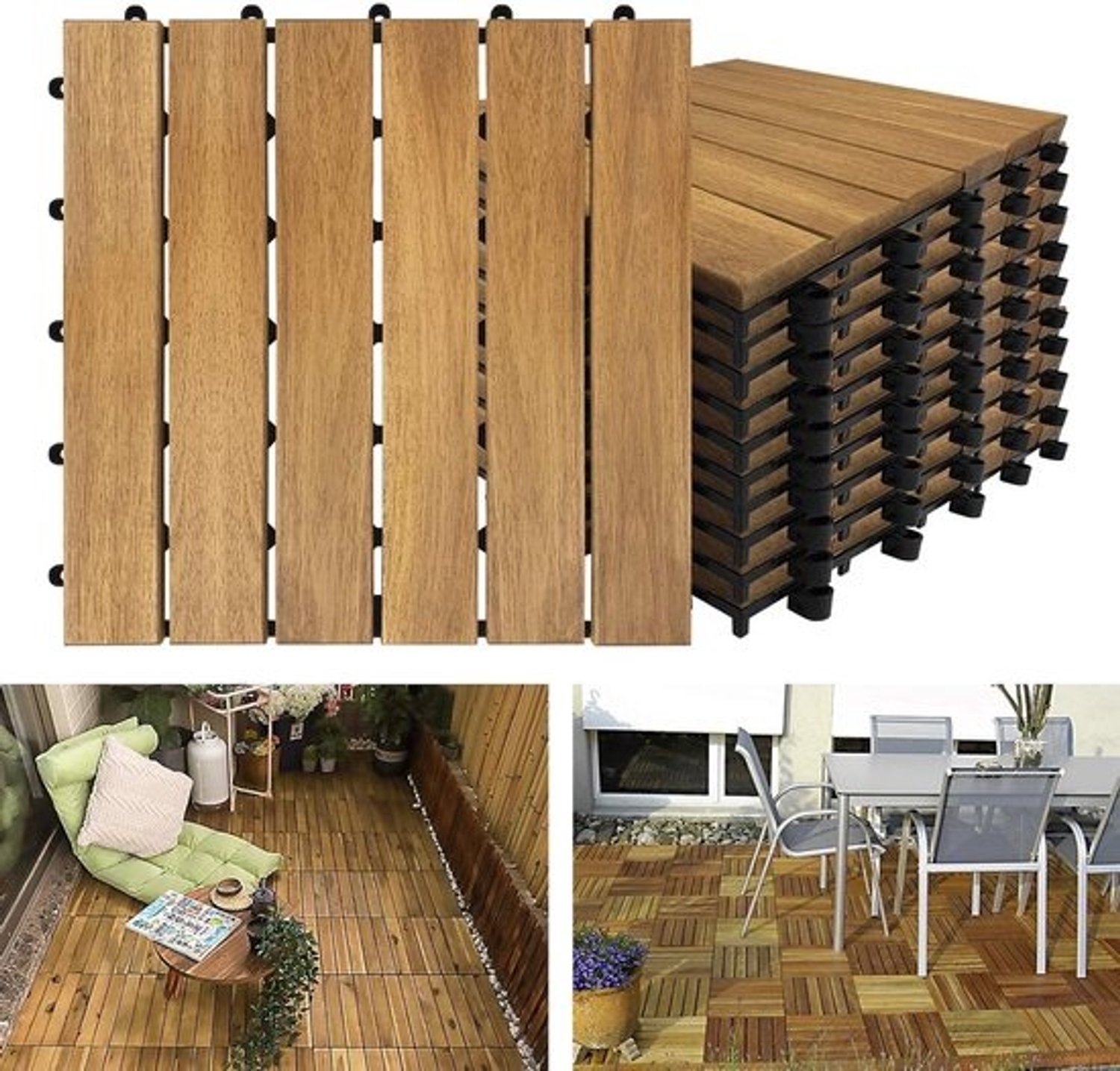 Houten Tegels - Terrastegels Balkontegels - Buiten Vloer - Drainage Kliksysteem - 30x30cm 2.4cm Hoog - Houtlook