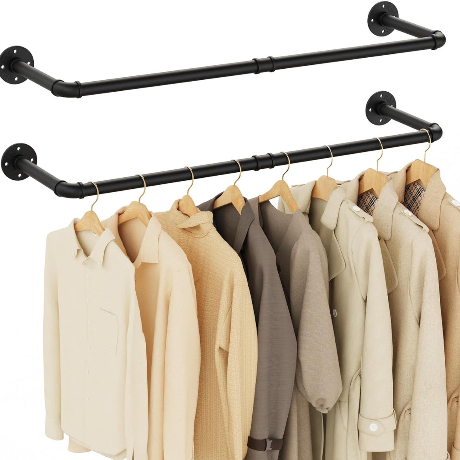 Levo® Industriële Buis Kledingstangen - Wandrek Ruimtebesparend - Zwart - 2 Stuks - Winkel Wonen - 94cm x 25cm x 25cm