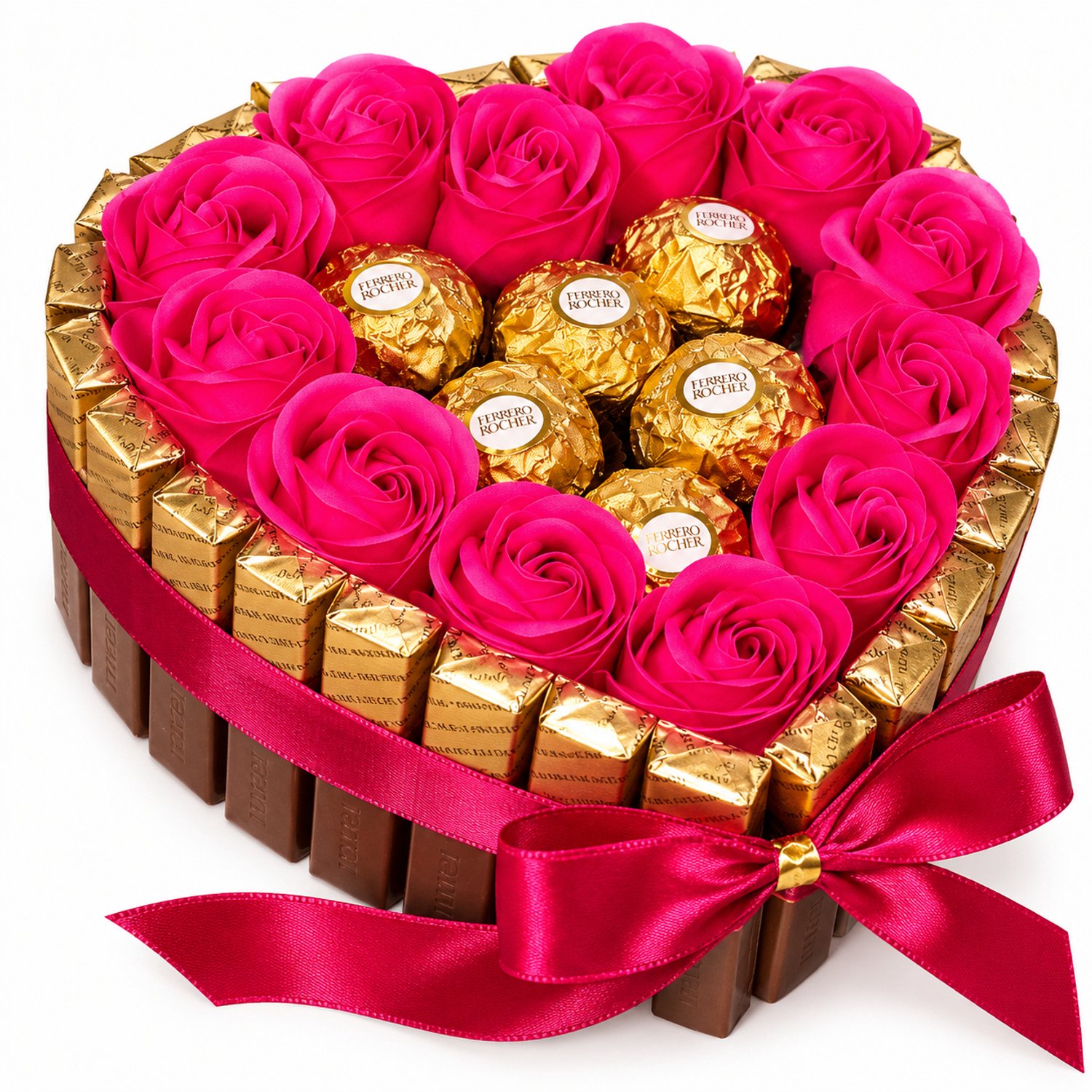 Nina’s Giftshop® Chocolade Hart met Roze Rozen – Merci & Ferrero Rocher – Luxe Chocolade Cadeau – Valentijn – Cadeau voor Haar – Moederdag – Jubileum