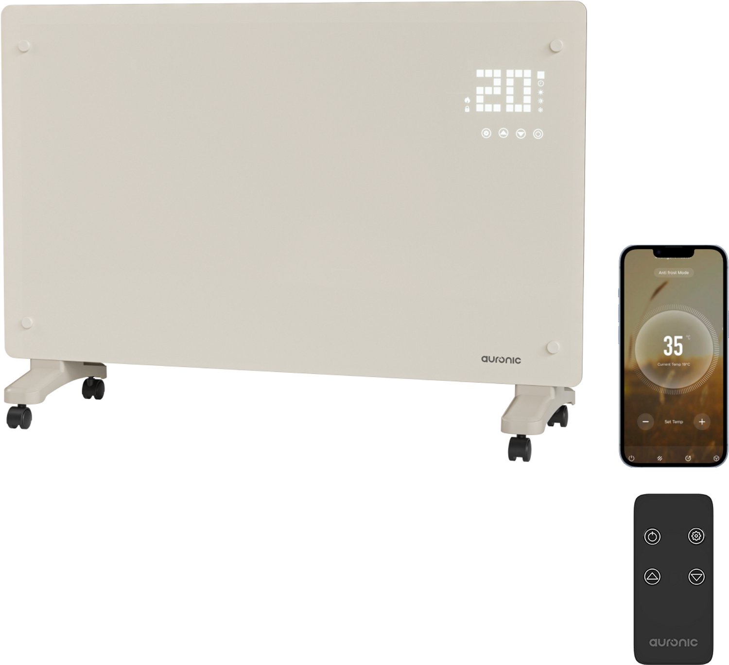 Auronic Elektrische Kachel Met App- 2000W - Convectorkachel Met Smart App & Afstandsbediening - Heater - Glazen Paneelverwarming - Badkamerverwarming - Beige