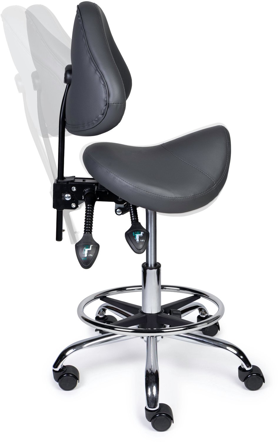 Ergonomische Zadelkruk met Rugleuning Expert Grijs op Wielen Standaard uitvoering (50-68cm) / Zonder voetensteun / Standaard wielen