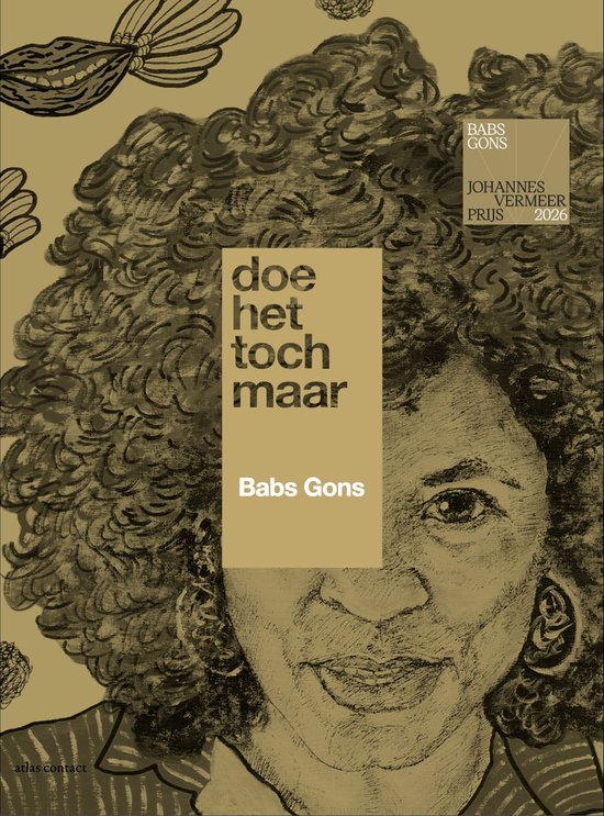 Boekomslag met getekend portret van Babs Gons, tekst 'doe het toch maar' in een goudkleurig kader.