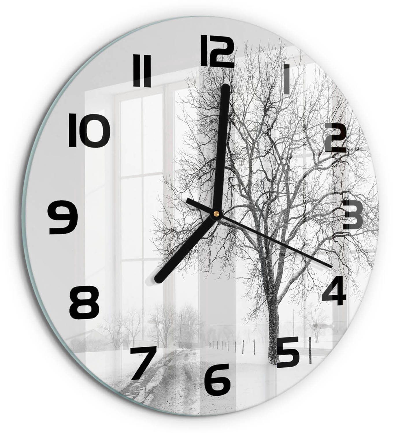 TULUP Wandklok - Winterboom Glazen Klok Met Print - fi30 cm - Wit Wandklok Glas Met Motief - Zwarte handen - Ronde Klok - Wandklok Glas Decoratie - Gekleurde Glazen Klok
