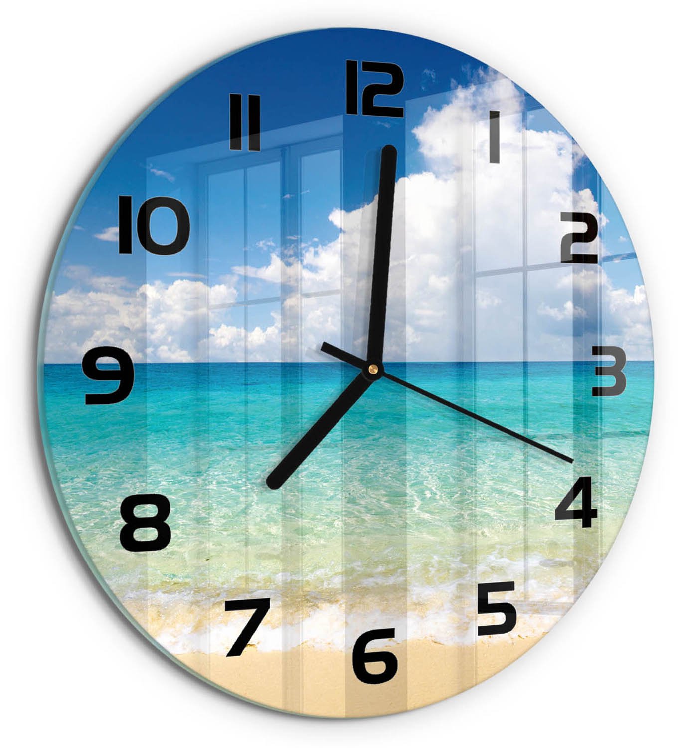 TULUP Wandklok - Paradijsstrand Klok Glas Met Opdruk - fi30 cm - Blauw Moderne Wandklok Glas - Zwarte handen - Ronde Klok - Decoratieve Glazen Klok - Glazen Wandklok Design