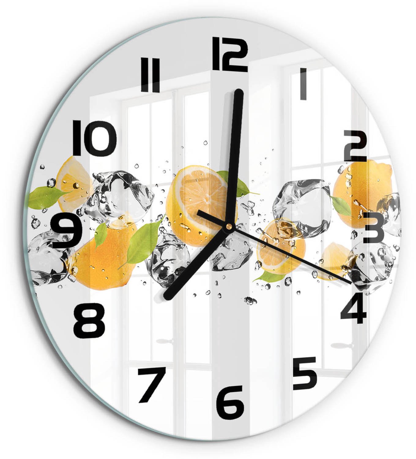 TULUP Wandklok - Citroen en water Gekleurde Glazen Klok - fi30 cm - Geel Glazen Klok Met Print - Zwarte handen - Ronde Klok - Moderne Wandklok Glas - Wandklok Glas Decoratie