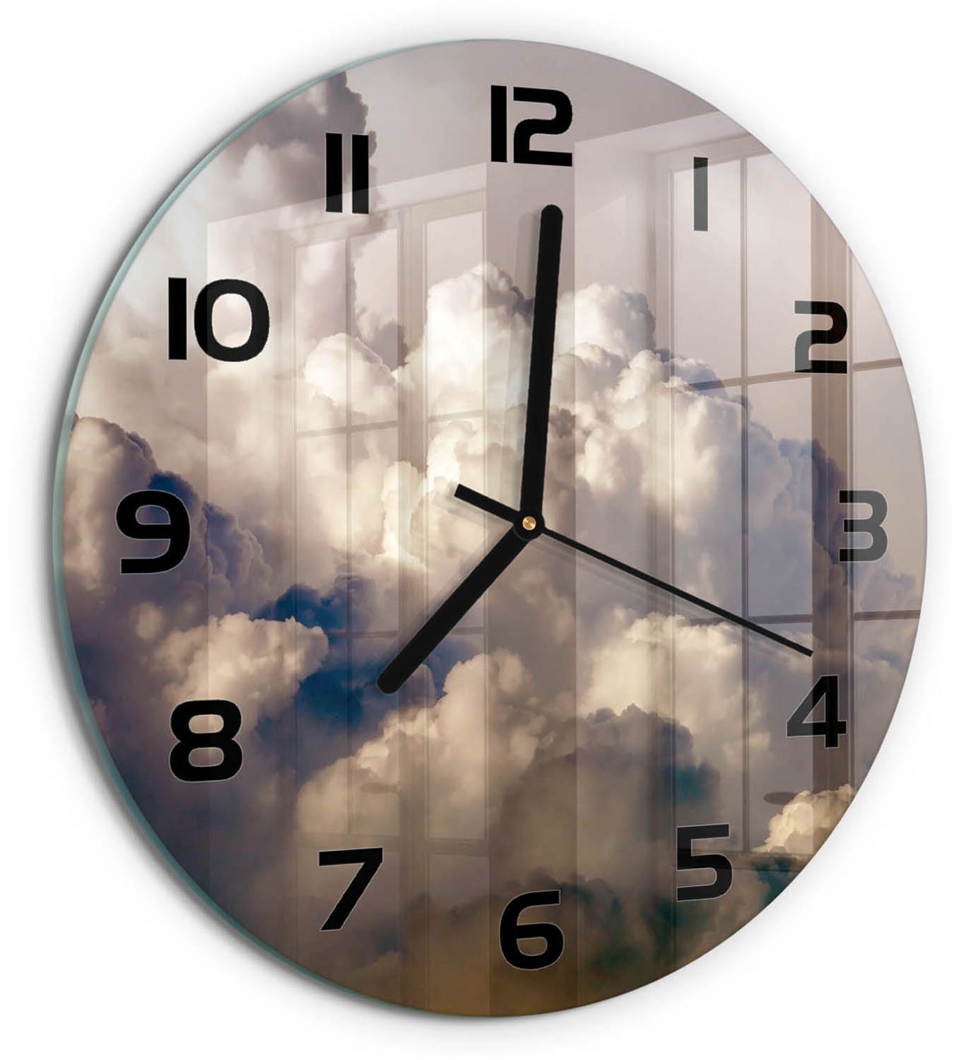 TULUP Wandklok - Wolken aan de hemel Klok Glas Met Opdruk - fi30 cm - Wit Moderne Wandklok Glas - Zwarte handen - Ronde Klok - Decoratieve Glazen Klok - Glazen Wandklok Design