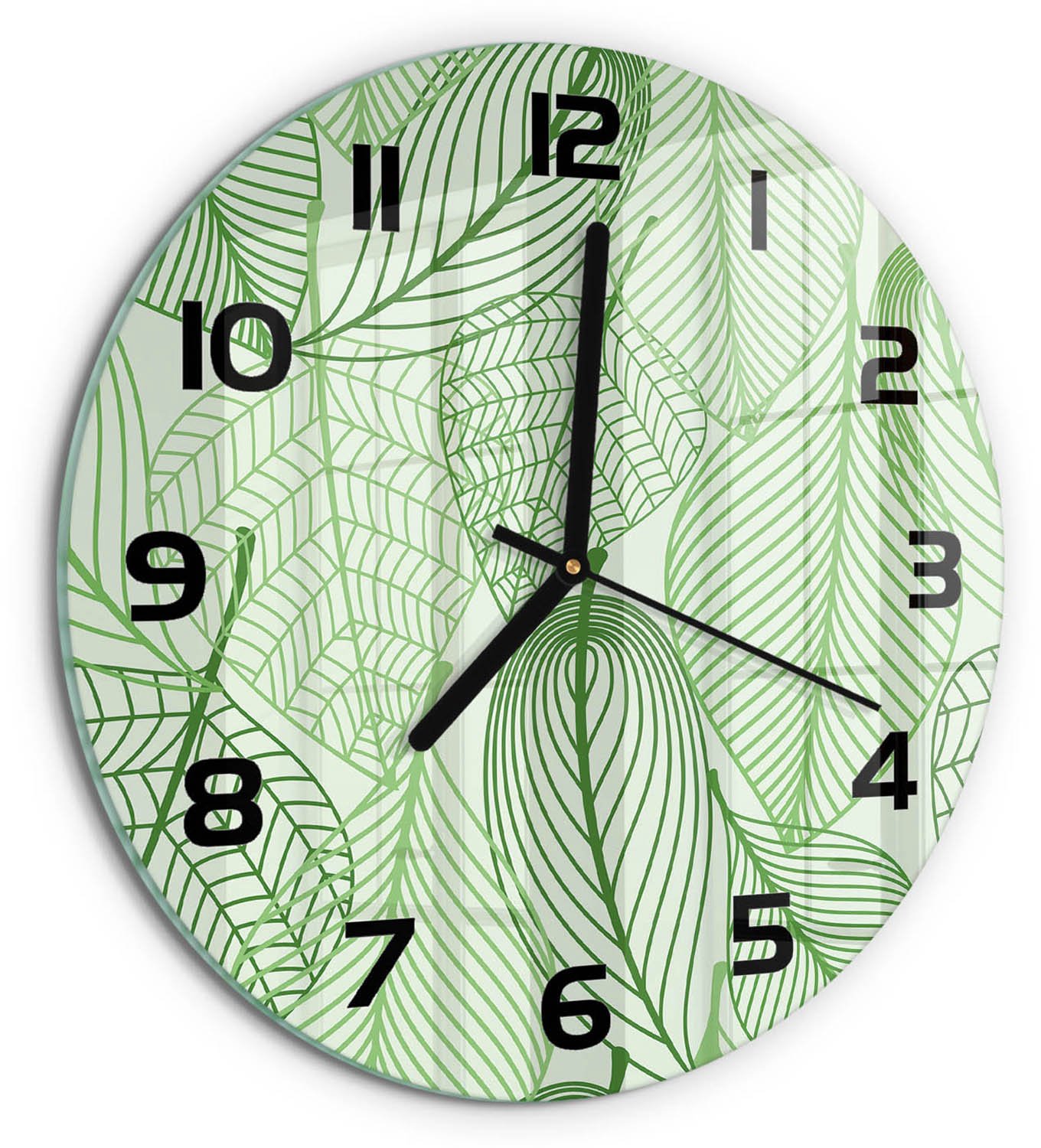 TULUP Wandklok - Bladpatroon Klok Glas Met Opdruk - fi30 cm - Groente Moderne Wandklok Glas - Zwarte handen - Ronde Klok - Decoratieve Glazen Klok - Glazen Wandklok Design
