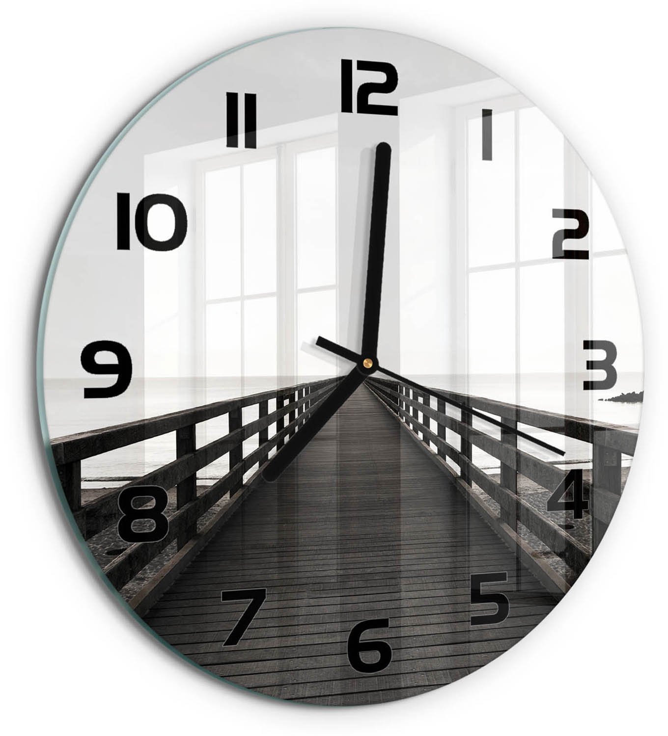 TULUP Wandklok - Houten brug Wandklok Glas Decoratie - fi30 cm - Zwart-wit Gekleurde Glazen Klok - Zwarte handen - Ronde Klok - Klok Glas Met Opdruk - Moderne Wandklok Glas