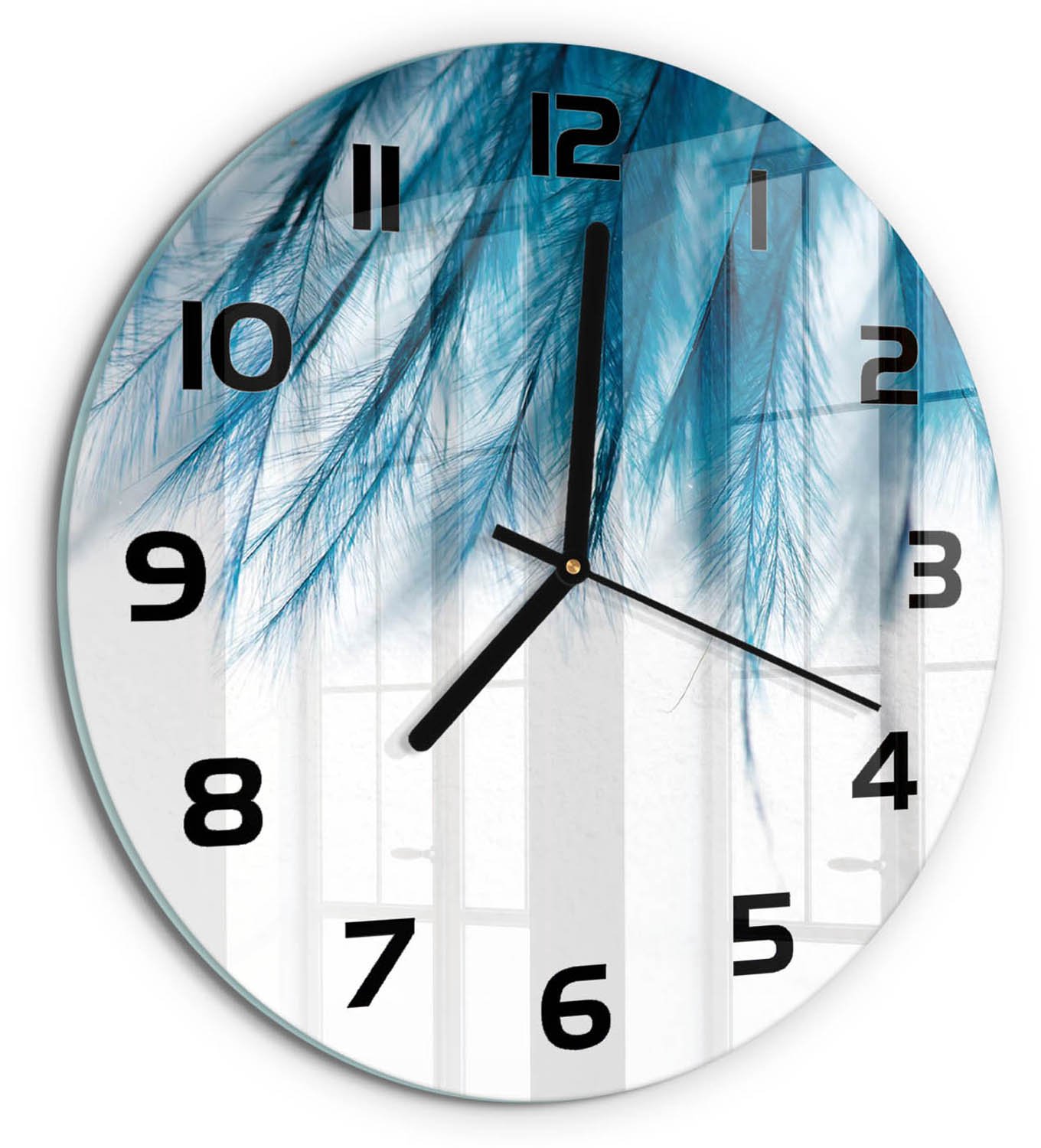 TULUP Wandklok - Blauwe veren Klok Glas Met Opdruk - fi30 cm - Blauw Moderne Wandklok Glas - Zwarte handen - Ronde Klok - Decoratieve Glazen Klok - Glazen Wandklok Design