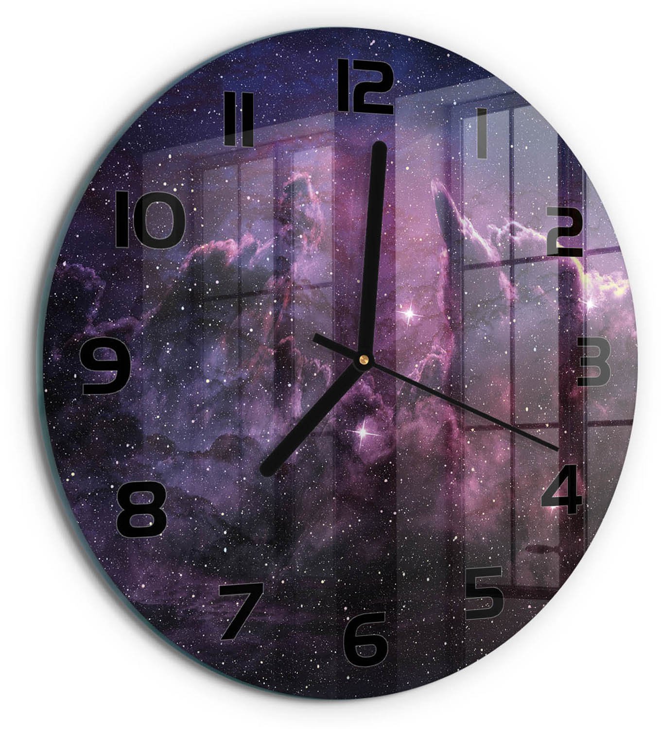 TULUP Wandklok - Mist Wandklok Glas Met Motief - fi30 cm - Paars Decoratieve Glazen Klok - Zwarte handen - Ronde Klok - Gekleurde Glazen Klok - Glazen Klok Met Print