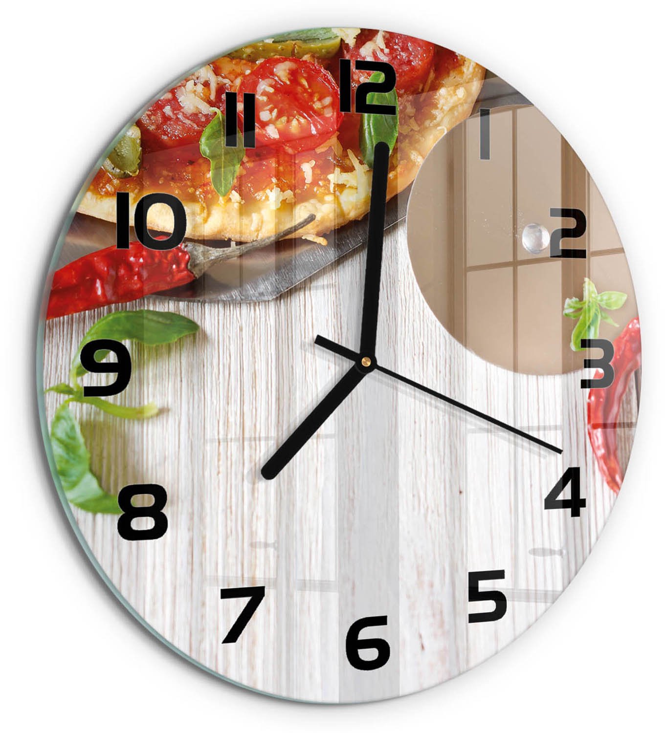 TULUP Wandklok - Pizza Gekleurde Glazen Klok - fi30 cm - Rood Glazen Klok Met Print - Zwarte handen - Ronde Klok - Moderne Wandklok Glas - Wandklok Glas Decoratie