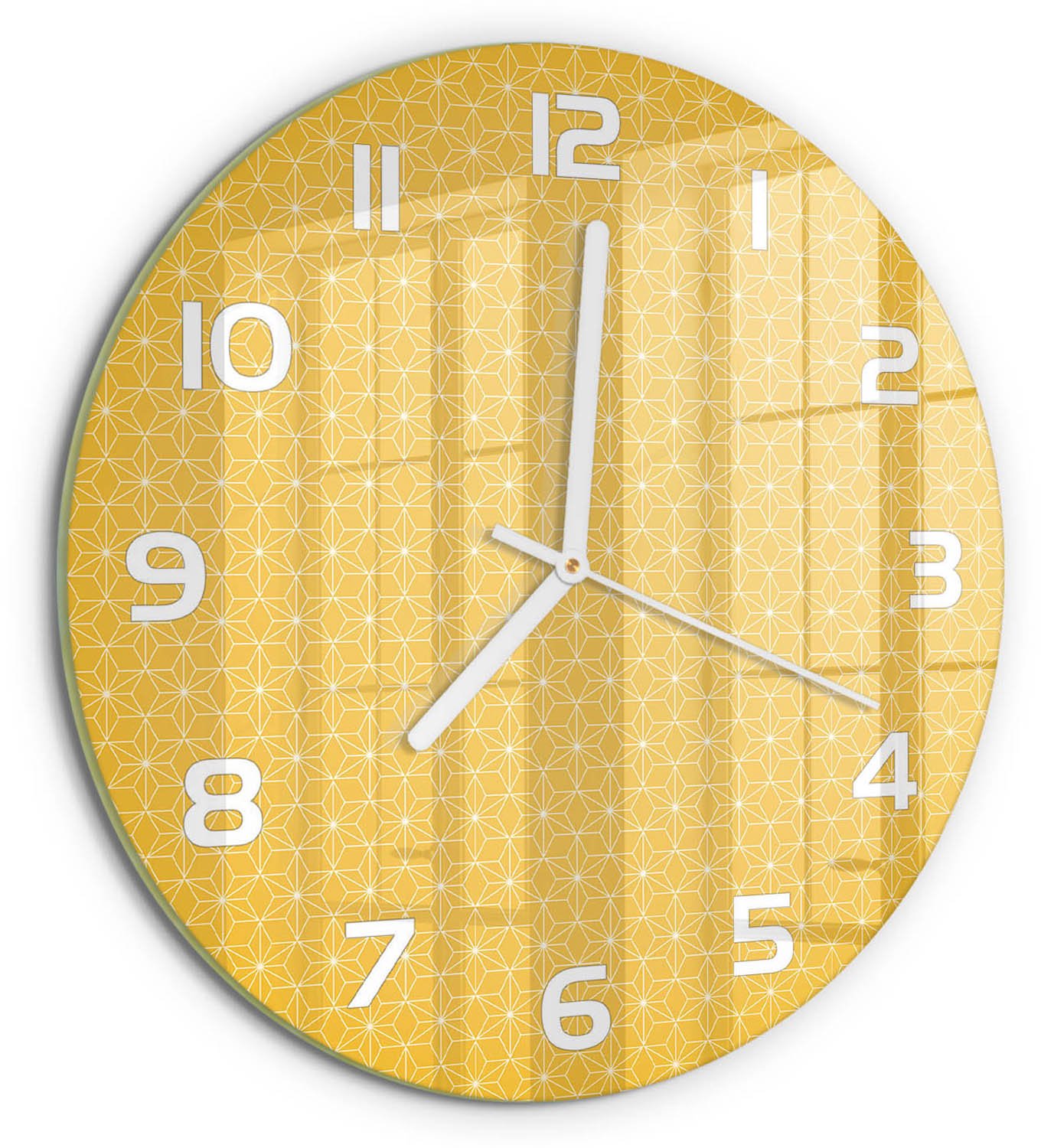 TULUP Wandklok - Sterren Glazen Wandklok Design - fi30 cm - Geel Klok Glas Met Opdruk - Witte handen - Ronde Klok - Wandklok Glas Met Motief - Decoratieve Glazen Klok