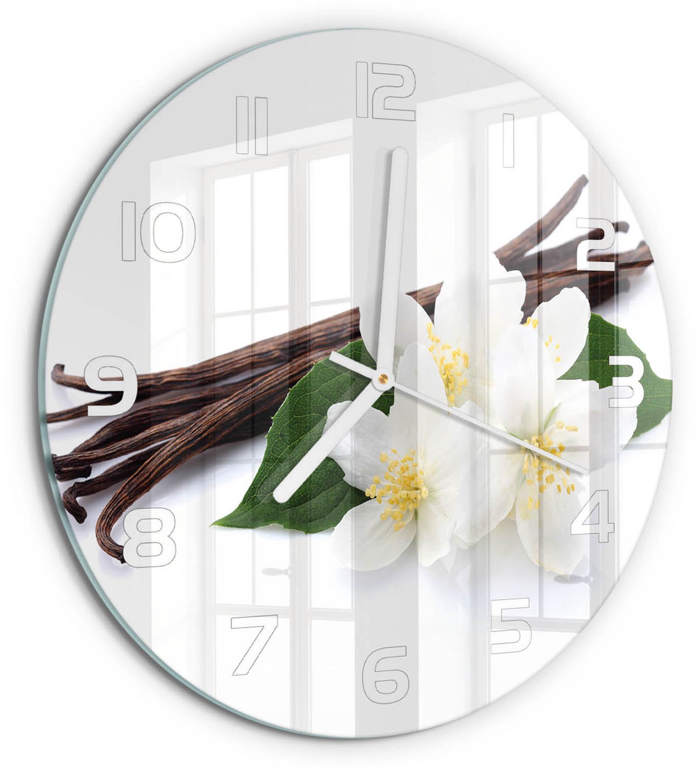 TULUP Wandklok - Jasmijn en vanille Glazen Klok Met Print - fi30 cm - Bruin Wandklok Glas Met Motief - Witte handen - Ronde Klok - Wandklok Glas Decoratie - Gekleurde Glazen Klok