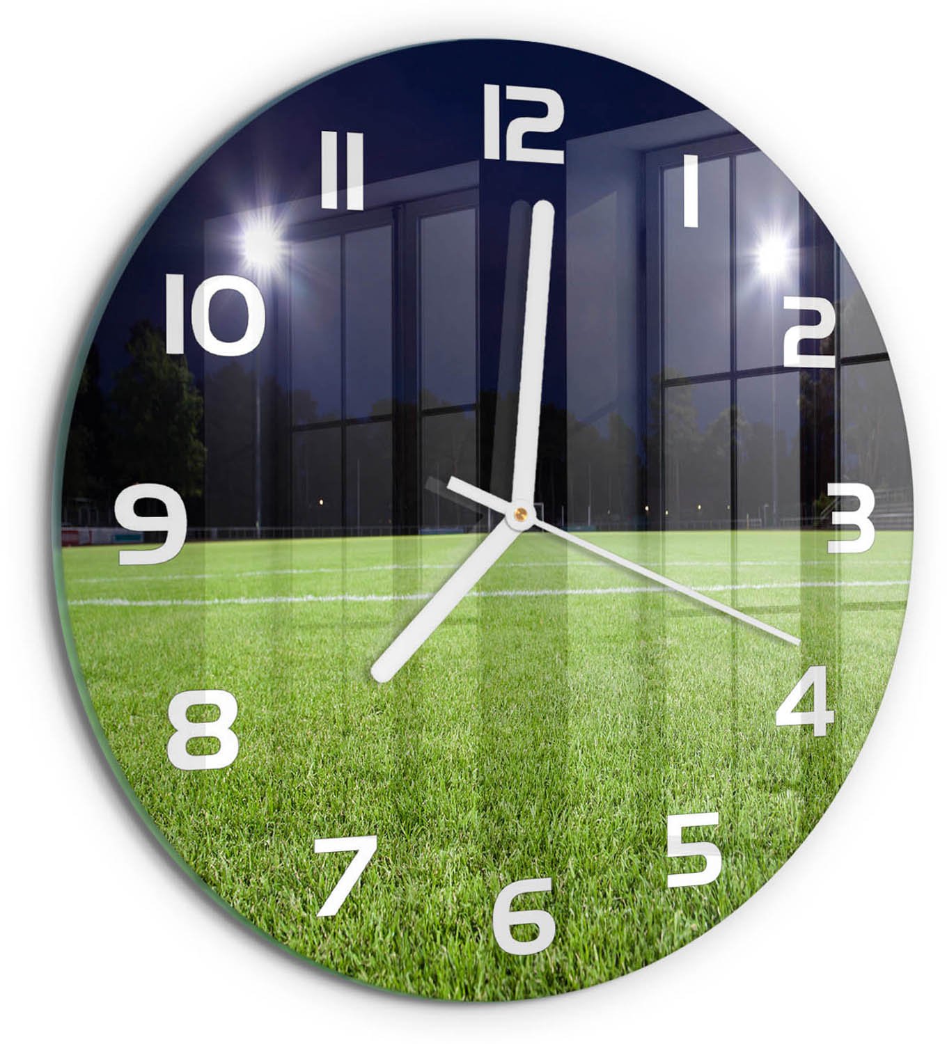 TULUP Wandklok - Voetbalveld Wandklok Glas Decoratie - fi30 cm - Groente Gekleurde Glazen Klok - Witte handen - Ronde Klok - Klok Glas Met Opdruk - Moderne Wandklok Glas