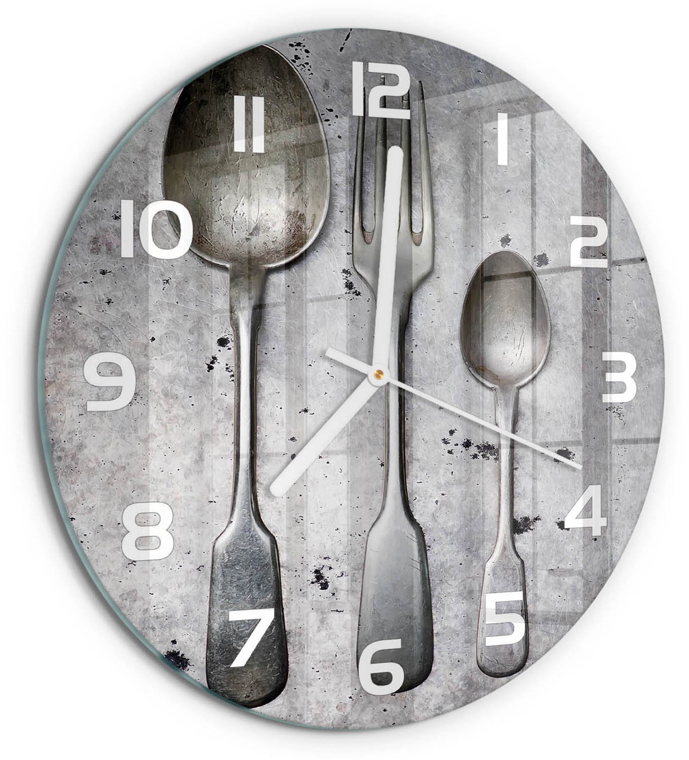 TULUP Wandklok - Bestek Klok Glas Met Opdruk - fi30 cm - Zilver Moderne Wandklok Glas - Witte handen - Ronde Klok - Decoratieve Glazen Klok - Glazen Wandklok Design