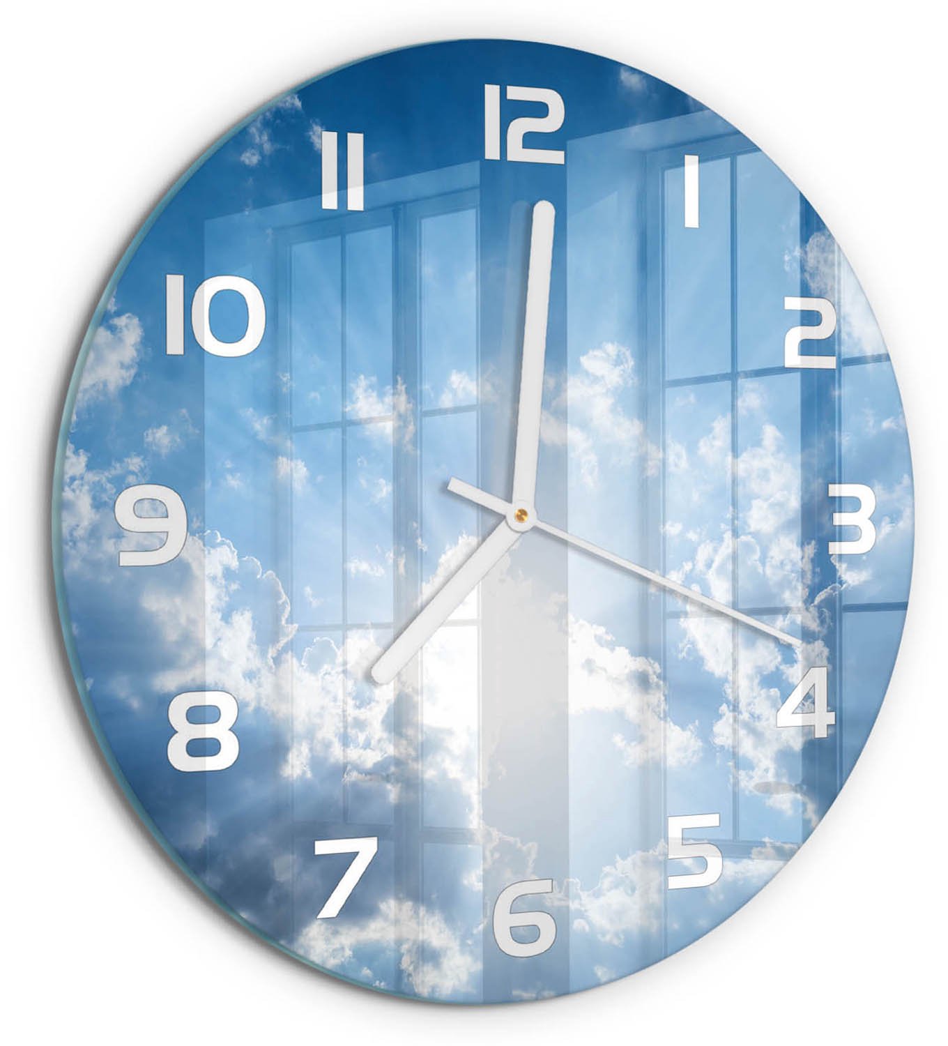 TULUP Wandklok - Wolken aan de hemel Moderne Wandklok Glas - fi30 cm - Blauw Wandklok Glas Decoratie - Witte handen - Ronde Klok - Glazen Wandklok Design - Klok Glas Met Opdruk