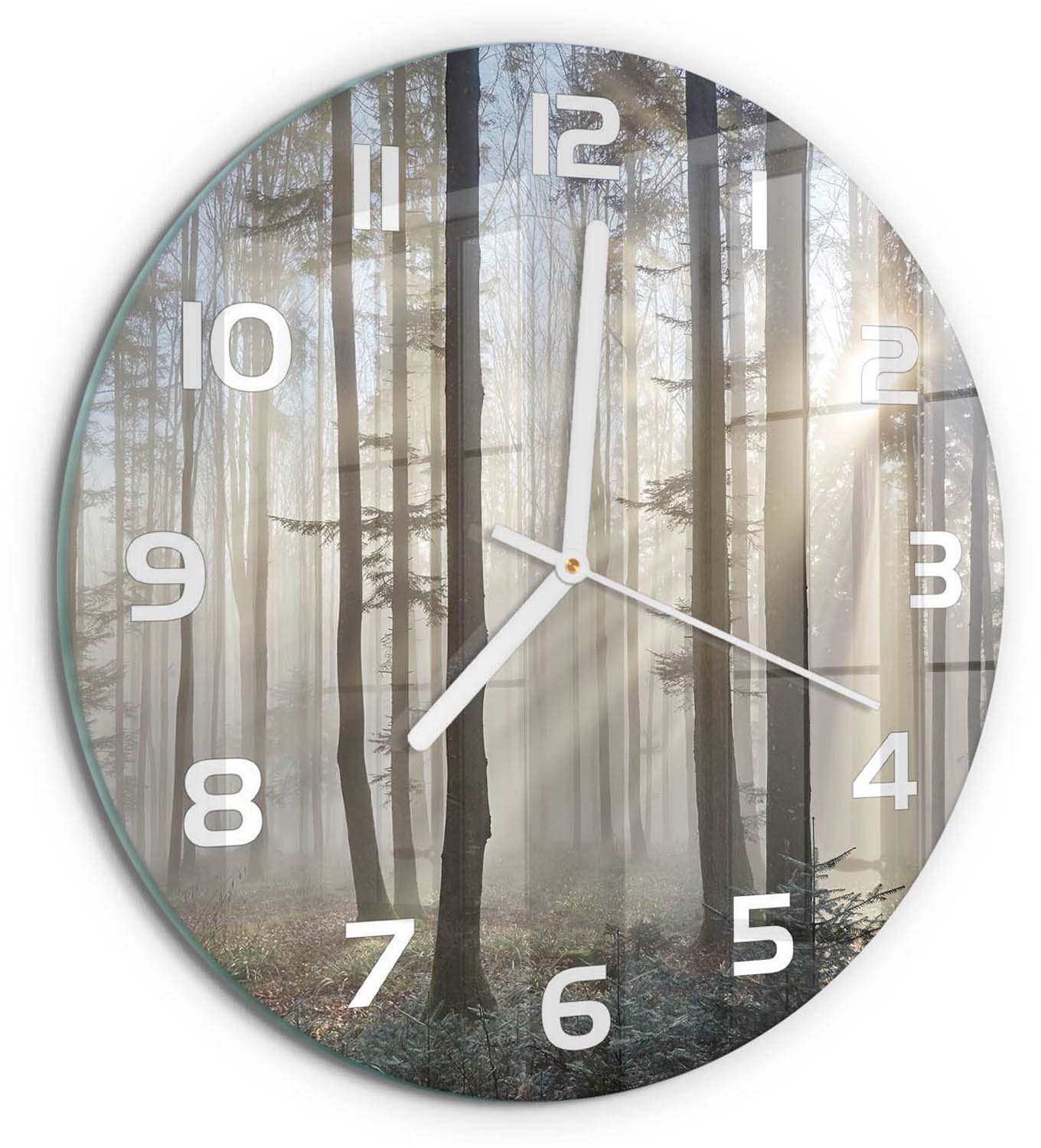 TULUP Wandklok - Mist in het bos Klok Glas Met Opdruk - fi30 cm - Bruin Moderne Wandklok Glas - Witte handen - Ronde Klok - Decoratieve Glazen Klok - Glazen Wandklok Design