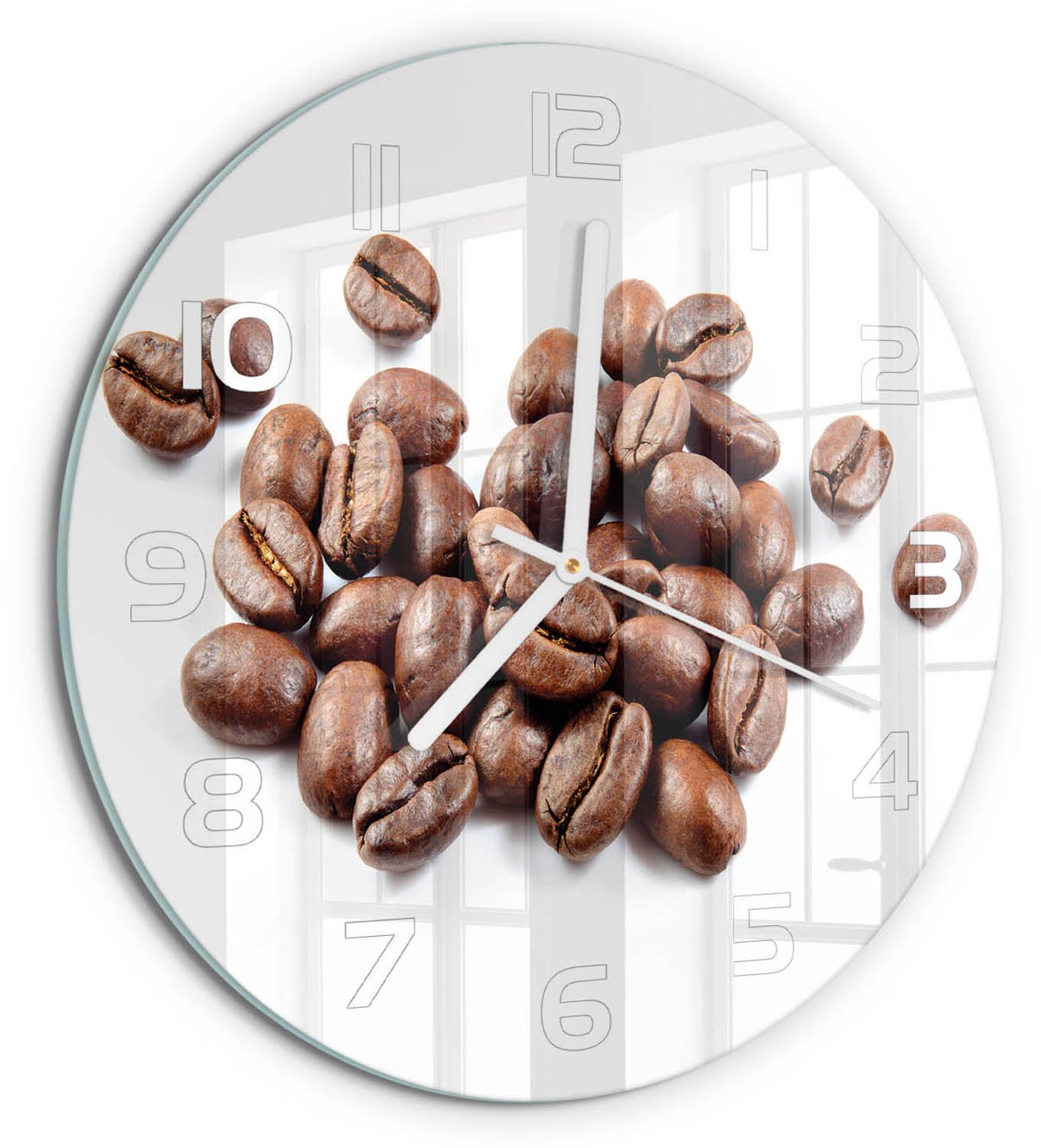 TULUP Wandklok - Koffiebonen Decoratieve Glazen Klok - fi30 cm - Bruin Glazen Wandklok Design - Witte handen - Ronde Klok - Glazen Klok Met Print - Wandklok Glas Met Motief