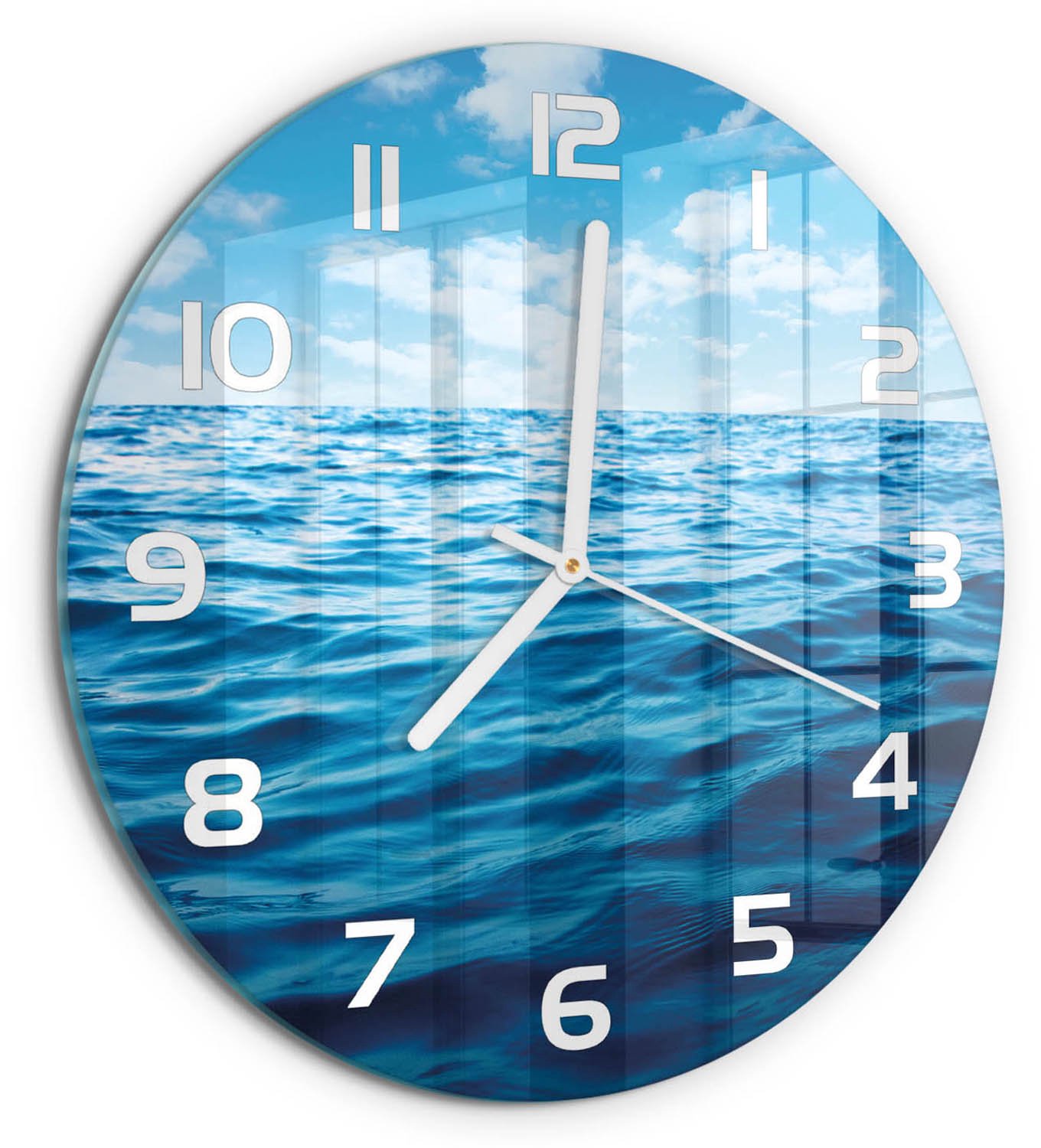 TULUP Wandklok - Zeewater Decoratieve Glazen Klok - fi30 cm - Blauw Glazen Wandklok Design - Witte handen - Ronde Klok - Glazen Klok Met Print - Wandklok Glas Met Motief