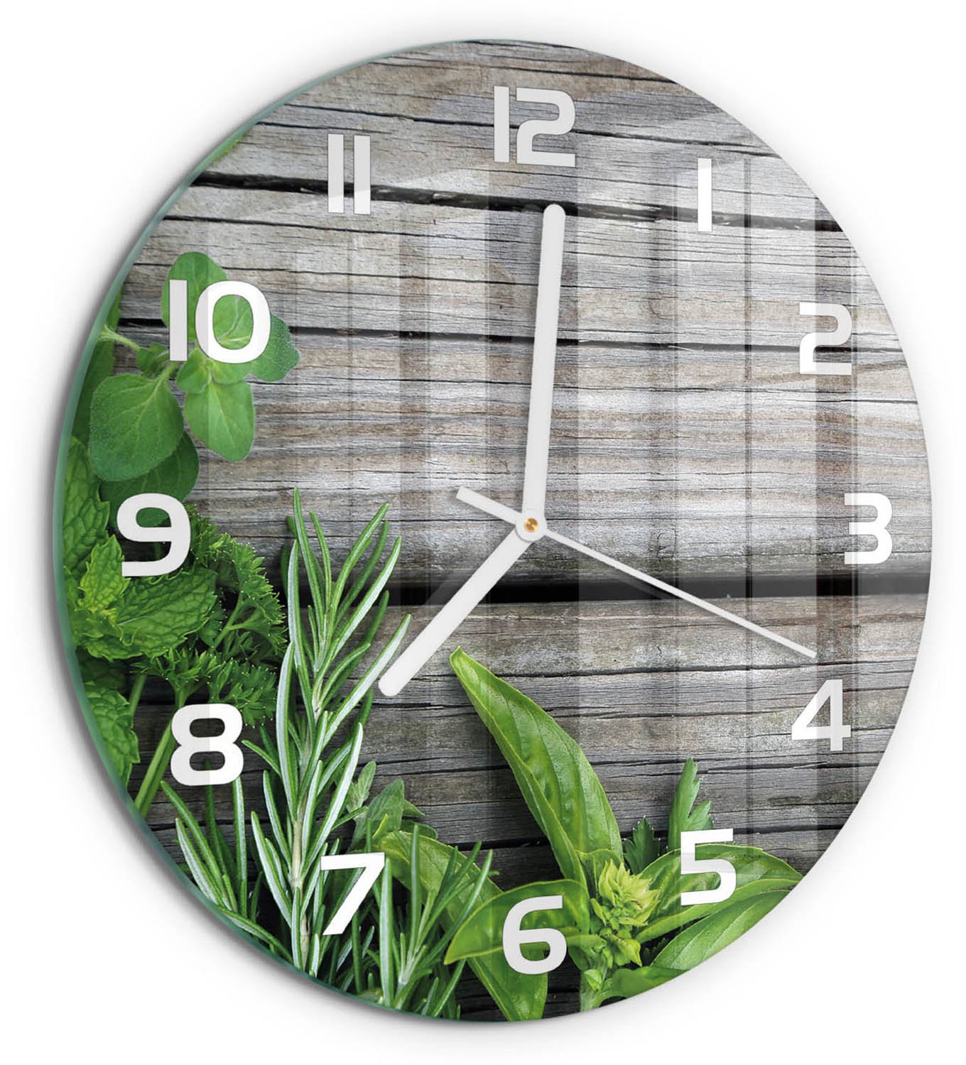 TULUP Wandklok - Houten kruidenachtergrond Decoratieve Glazen Klok - fi30 cm - Groente Glazen Wandklok Design - Witte handen - Ronde Klok - Glazen Klok Met Print - Wandklok Glas Met Motief