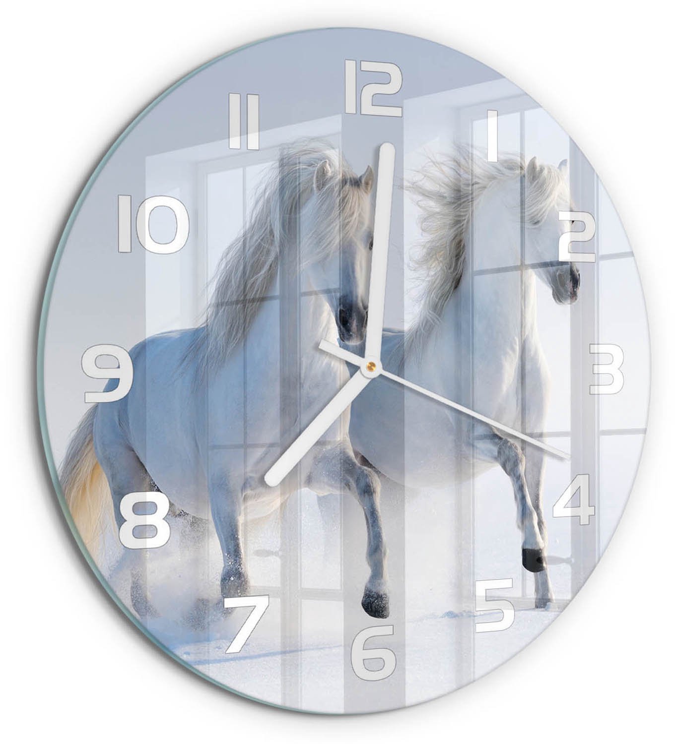 TULUP Wandklok - Twee paarden in de sneeuw Wandklok Glas Met Motief - fi30 cm - Wit Decoratieve Glazen Klok - Witte handen - Ronde Klok - Gekleurde Glazen Klok - Glazen Klok Met Print