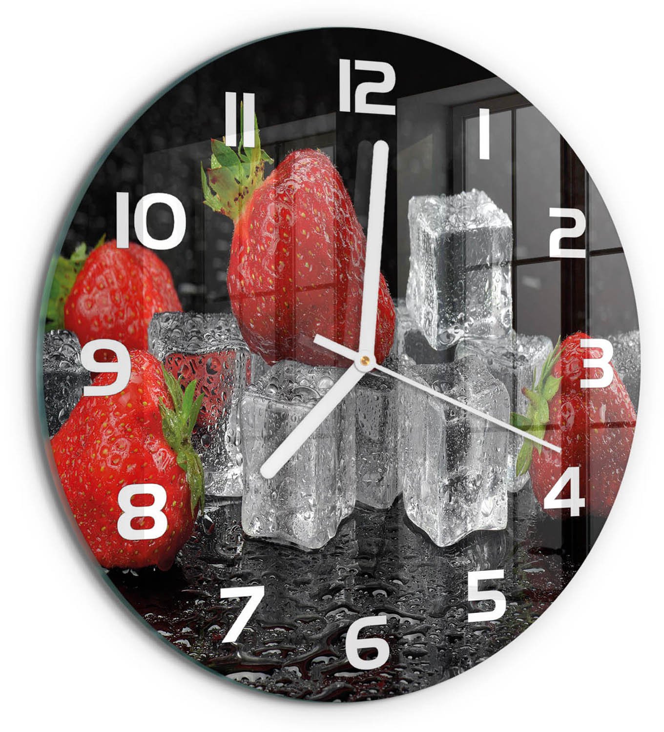 TULUP Wandklok - Aardbeien met ijs Wandklok Glas Met Motief - fi30 cm - Rood Decoratieve Glazen Klok - Witte handen - Ronde Klok - Gekleurde Glazen Klok - Glazen Klok Met Print
