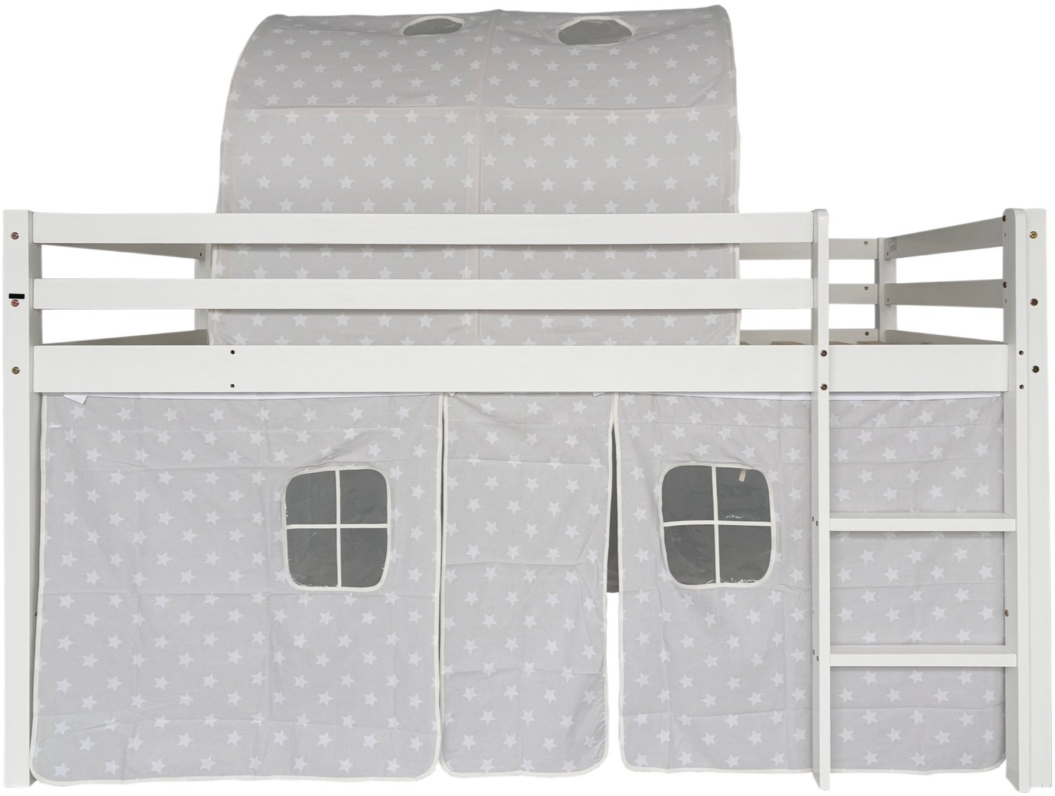 FANGDE hoogslaper 90×190 cm Kinderbed (zonder matras), wit grenenhout met katoenen tent, speelbed met veiligheidshekje en ladder