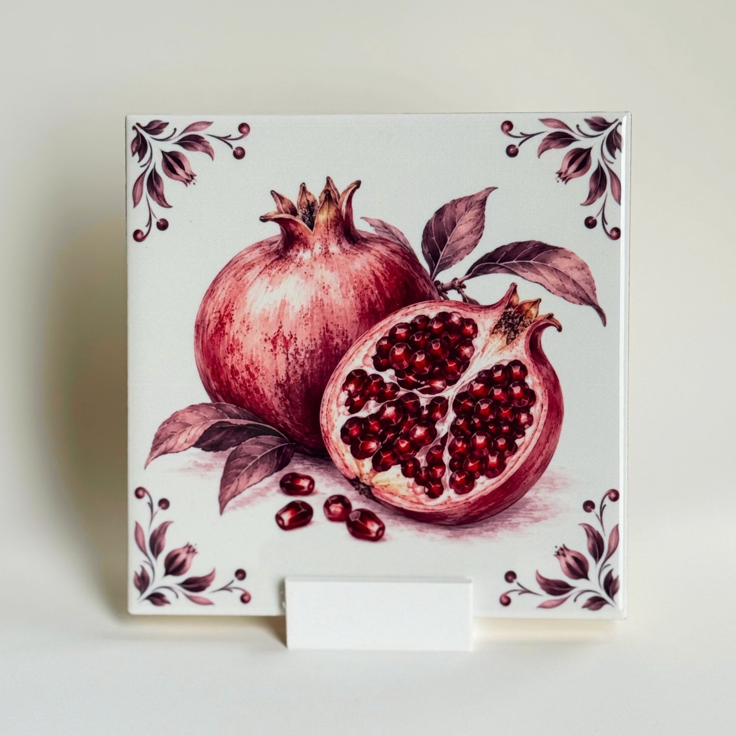Bedruk King Tegeltje met Granaatappel – Keramisch Tegeltje 11x11 cm met Houdertje – Herfstdecoratie - Hoekornamenten
