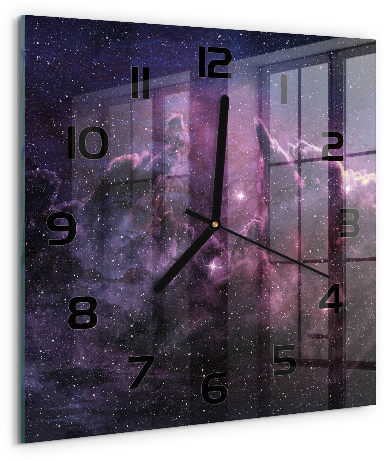 Tulup Wandklok - Mist Moderne Wandklok Glas - 30x30 cm - Paars Wandklok Glas Decoratie - Zwarte handen - Vierkante Klok - Glazen Wandklok Design - Klok Glas Met Opdruk