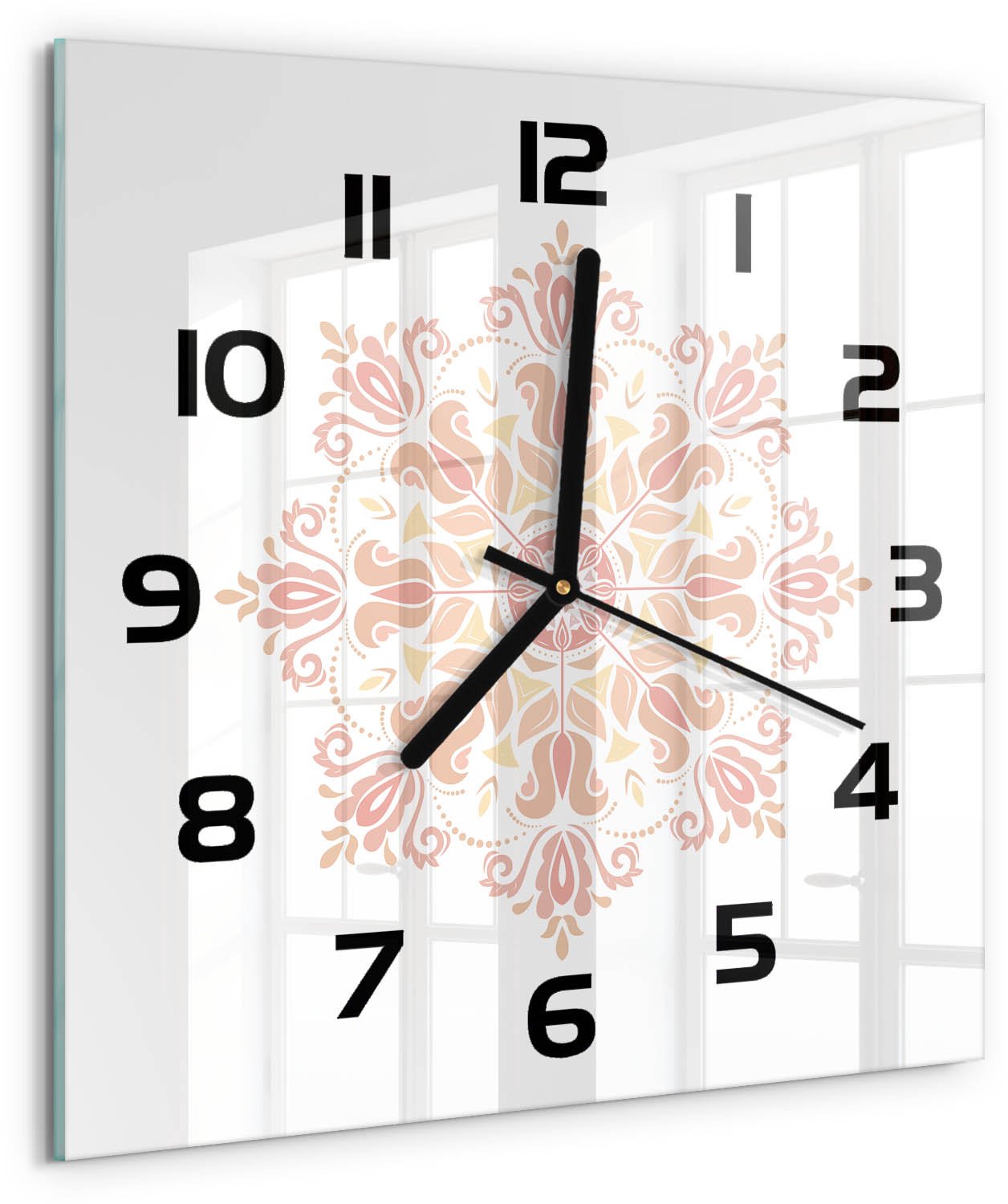TULUP Wandklok - Decoraties Glazen Wandklok Design - 30x30 cm - Beige Klok Glas Met Opdruk - Zwarte handen - Vierkante Klok - Wandklok Glas Met Motief - Decoratieve Glazen Klok