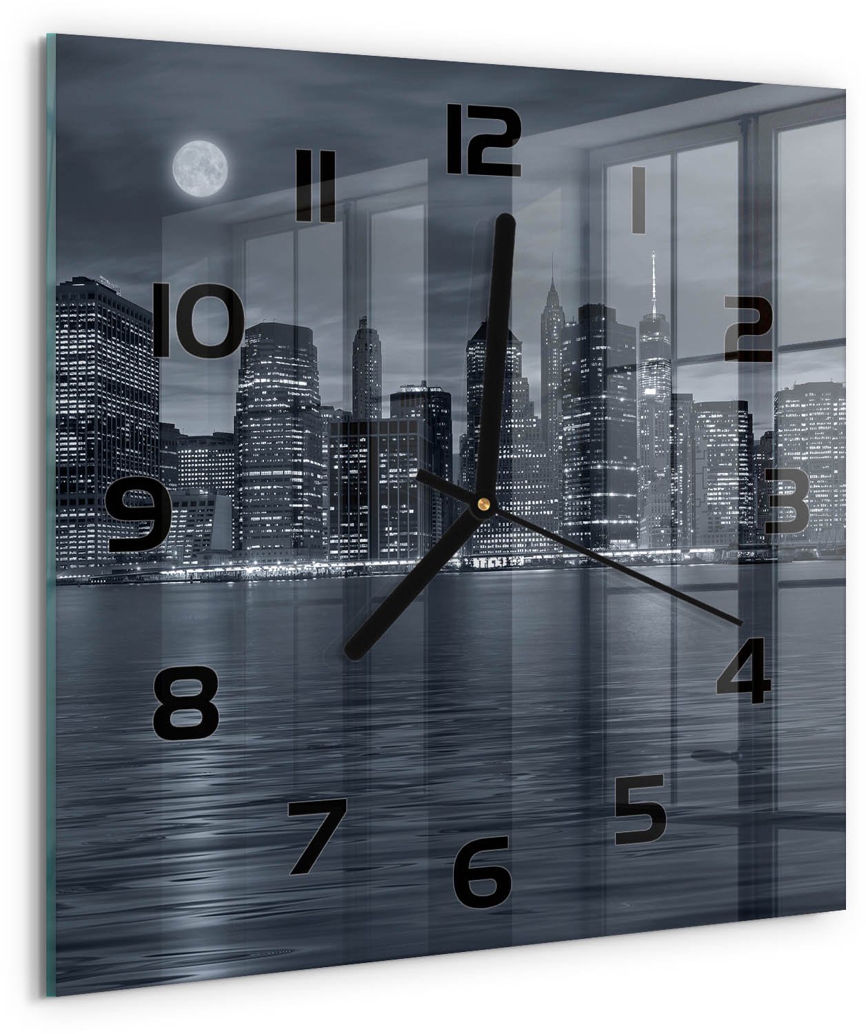 Tulup Wandklok - New York 's nachts Decoratieve Glazen Klok - 30x30 cm - Zwart-wit Glazen Wandklok Design - Zwarte handen - Vierkante Klok - Glazen Klok Met Print - Wandklok Glas Met Motief
