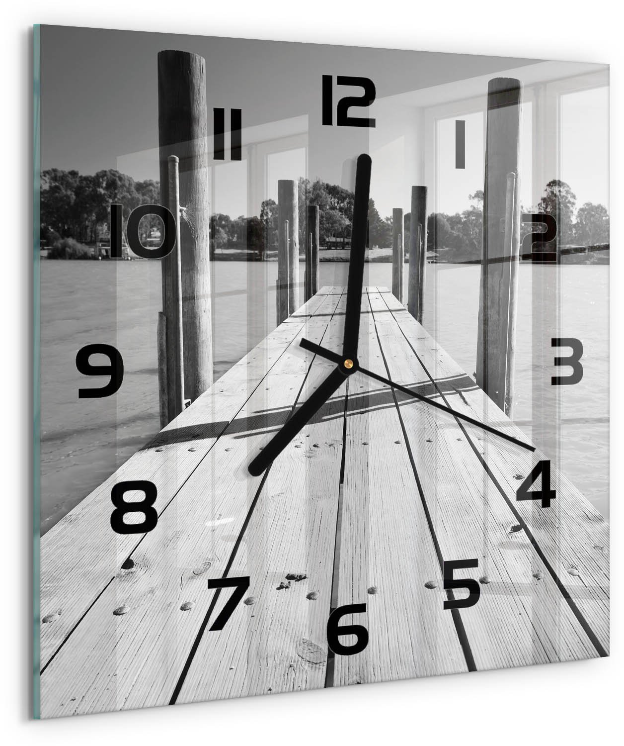 Tulup Wandklok - Houten brug Gekleurde Glazen Klok - 30x30 cm - Zwart-wit Glazen Klok Met Print - Zwarte handen - Vierkante Klok - Moderne Wandklok Glas - Wandklok Glas Decoratie