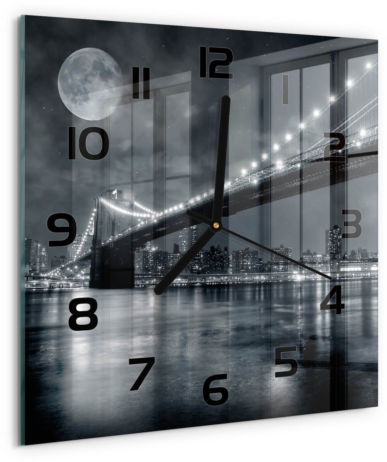 Tulup Wandklok - Brooklynbrug Klok Glas Met Opdruk - 30x30 cm - Zwart-wit Moderne Wandklok Glas - Zwarte handen - Vierkante Klok - Decoratieve Glazen Klok - Glazen Wandklok Design