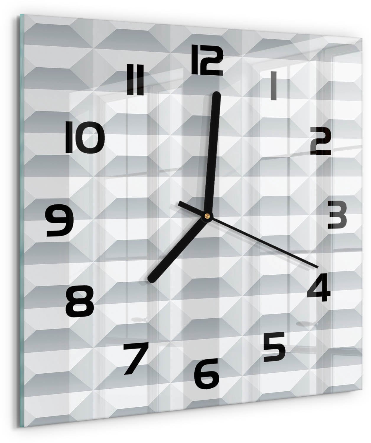 TULUP Wandklok - Geometrische achtergrond Moderne Wandklok Glas - 30x30 cm - Wit Wandklok Glas Decoratie - Zwarte handen - Vierkante Klok - Glazen Wandklok Design - Klok Glas Met Opdruk