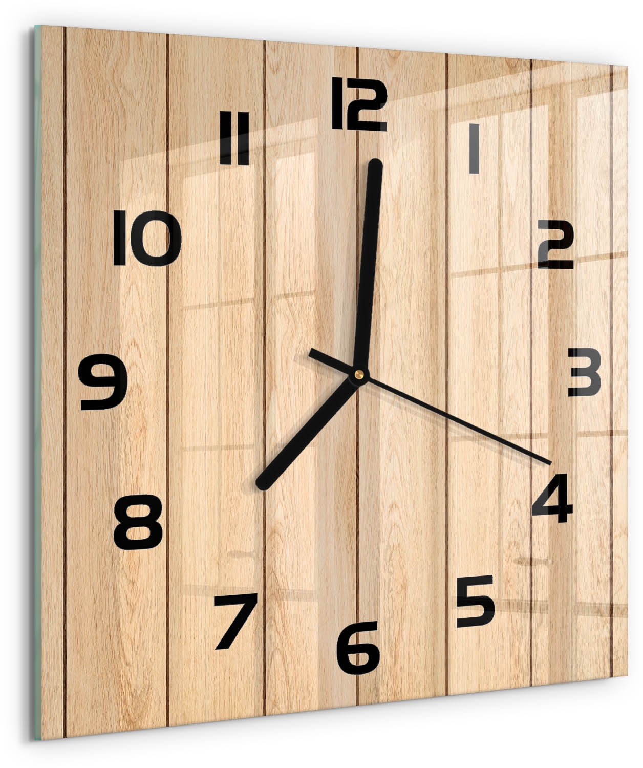 TULUP Wandklok - Houten achtergrond Wandklok Glas Decoratie - 30x30 cm - Beige Gekleurde Glazen Klok - Zwarte handen - Vierkante Klok - Klok Glas Met Opdruk - Moderne Wandklok Glas