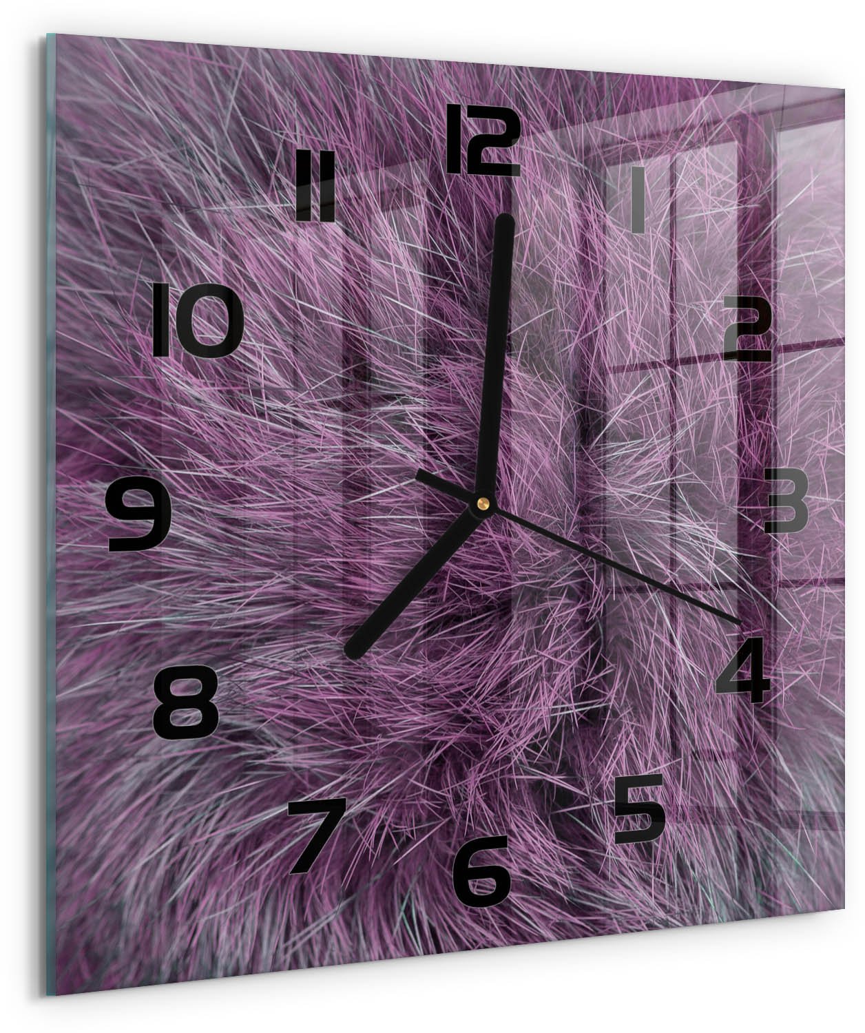 Tulup Wandklok - Roze bont Klok Glas Met Opdruk - 30x30 cm - Roze Moderne Wandklok Glas - Zwarte handen - Vierkante Klok - Decoratieve Glazen Klok - Glazen Wandklok Design