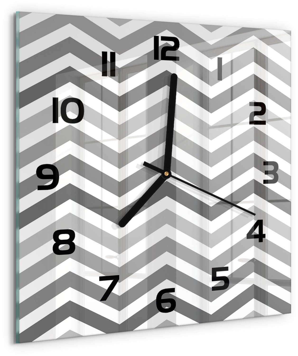 TULUP Wandklok - Grijze zigzag Decoratieve Glazen Klok - 30x30 cm - Grijs Glazen Wandklok Design - Zwarte handen - Vierkante Klok - Glazen Klok Met Print - Wandklok Glas Met Motief