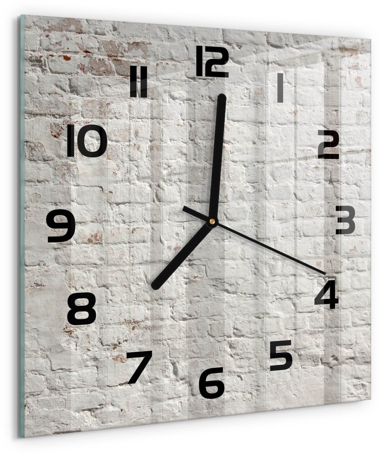 TULUP Wandklok - Bakstenen muur Wandklok Glas Met Motief - 30x30 cm - Wit Decoratieve Glazen Klok - Zwarte handen - Vierkante Klok - Gekleurde Glazen Klok - Glazen Klok Met Print