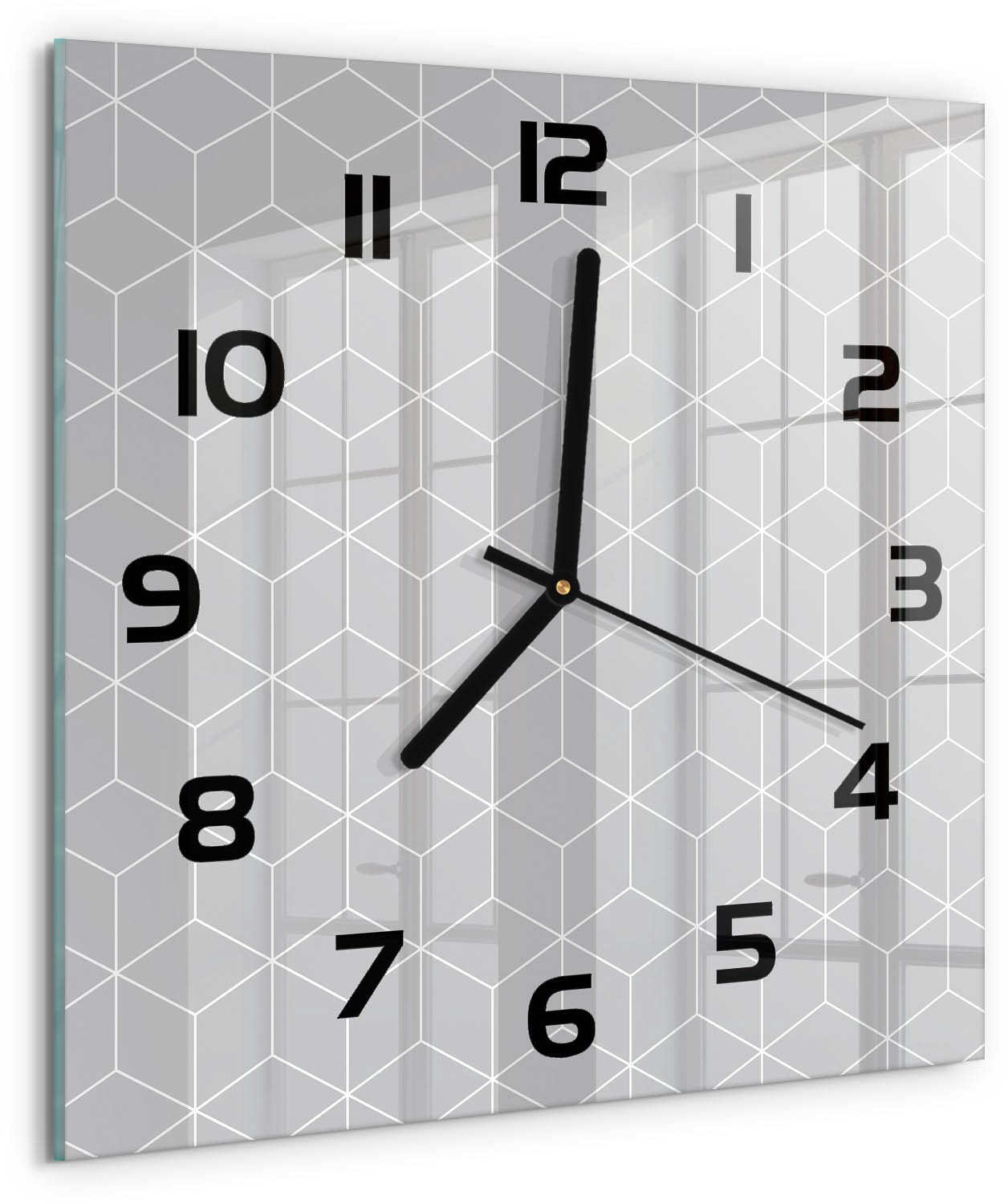 TULUP Wandklok - Geometrische achtergrond Wandklok Glas Decoratie - 30x30 cm - Grijs Gekleurde Glazen Klok - Zwarte handen - Vierkante Klok - Klok Glas Met Opdruk - Moderne Wandklok Glas