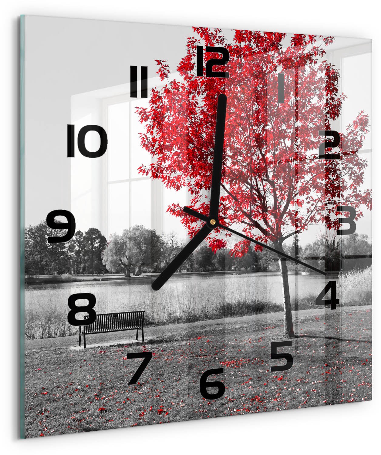 Tulup Wandklok - Rode boom Decoratieve Glazen Klok - 30x30 cm - Rood Glazen Wandklok Design - Zwarte handen - Vierkante Klok - Glazen Klok Met Print - Wandklok Glas Met Motief