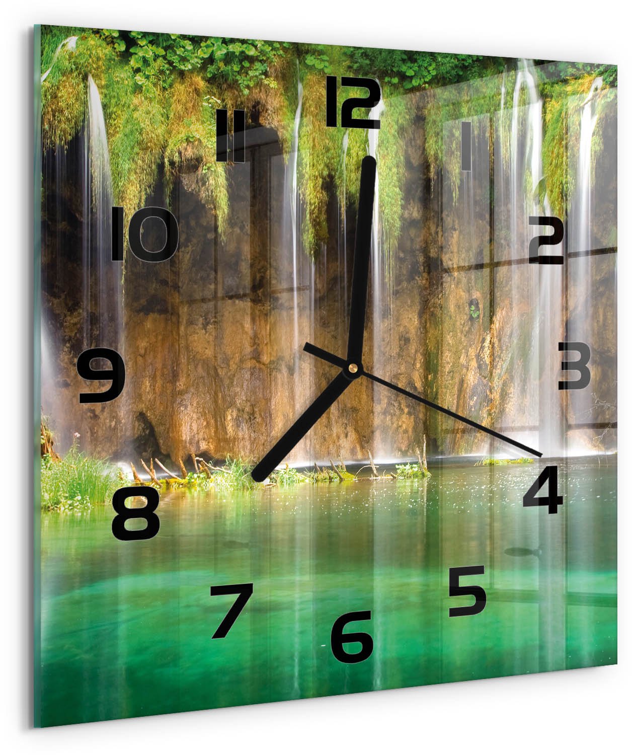 Tulup Wandklok - Plitvice-meren Decoratieve Glazen Klok - 30x30 cm - Groente Glazen Wandklok Design - Zwarte handen - Vierkante Klok - Glazen Klok Met Print - Wandklok Glas Met Motief