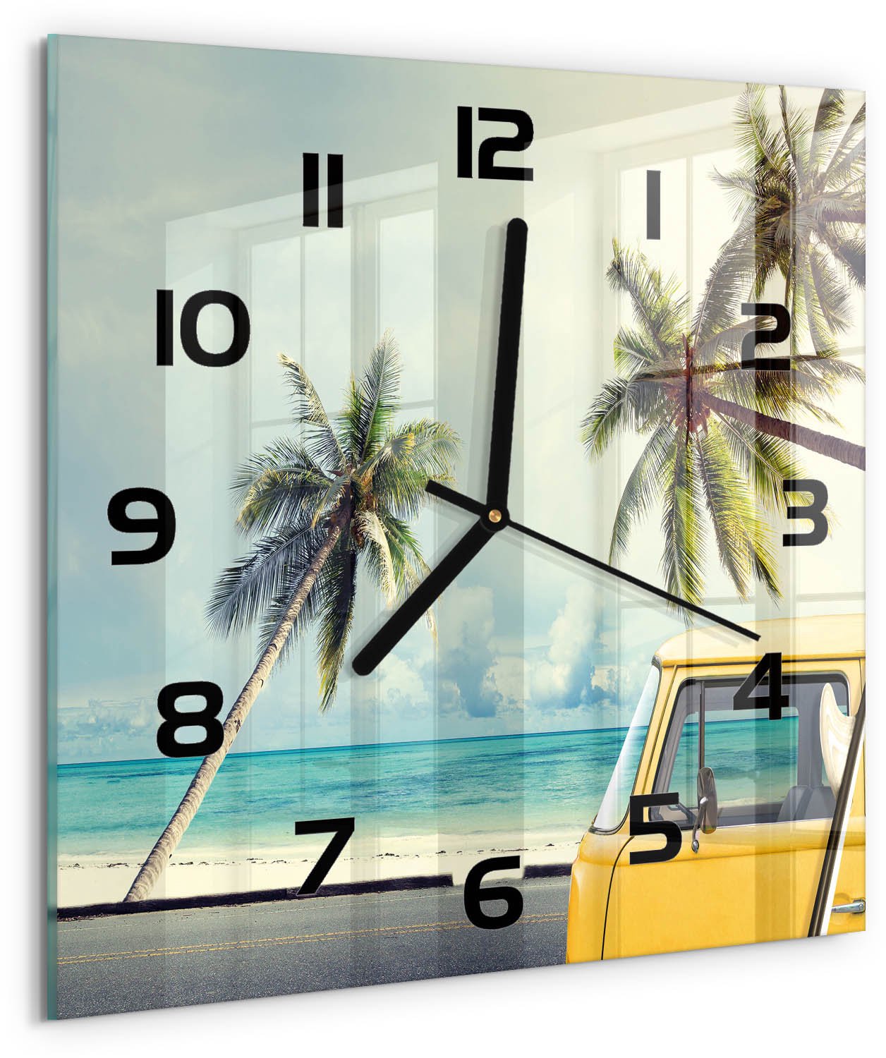 TULUP Wandklok - Van Beach Wandklok Glas Met Motief - 30x30 cm - Geel Decoratieve Glazen Klok - Zwarte handen - Vierkante Klok - Gekleurde Glazen Klok - Glazen Klok Met Print