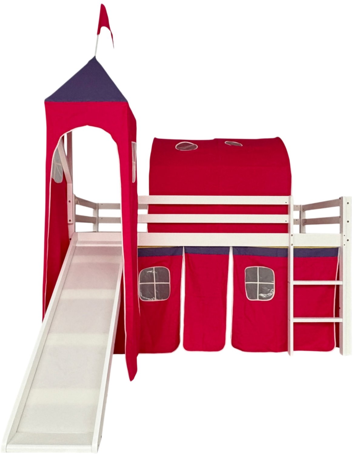 FANGDE hoogslaper met glijbaan en tent 90×190 cm Kinderbed (zonder matras), wit grenenhout en kunststof, speelbed met ladder en katoenen tent in kasteelstijl
