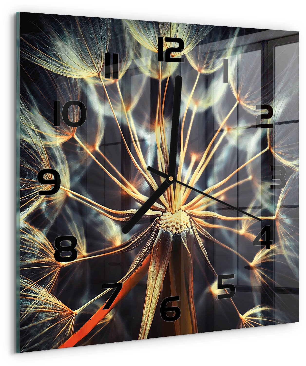TULUP Wandklok - Paardenbloemtand Glazen Wandklok Design - 30x30 cm - Bruin Klok Glas Met Opdruk - Zwarte handen - Vierkante Klok - Wandklok Glas Met Motief - Decoratieve Glazen Klok